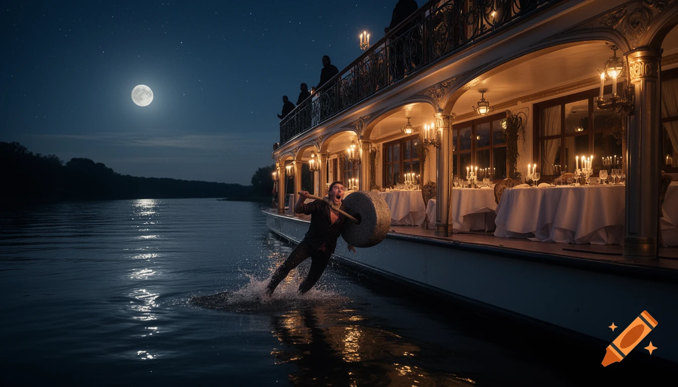 A man with a millstone tied to his neck falls from a luxurious riverboat into a dark river at night, with a full moon overhead.
