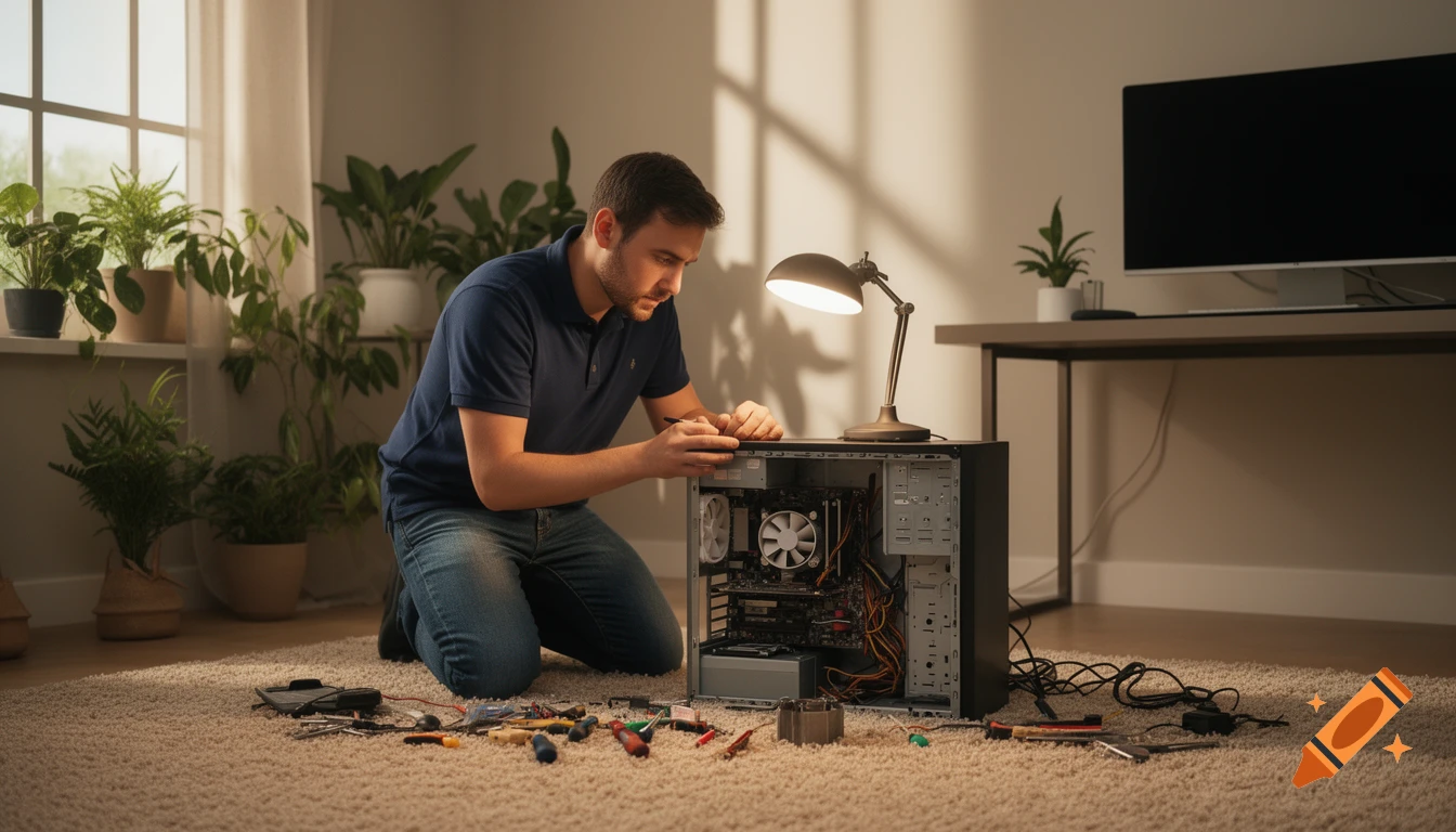 A man kneels on a rug, repairing an open desktop computer case in a sunlit room with tools scattered.