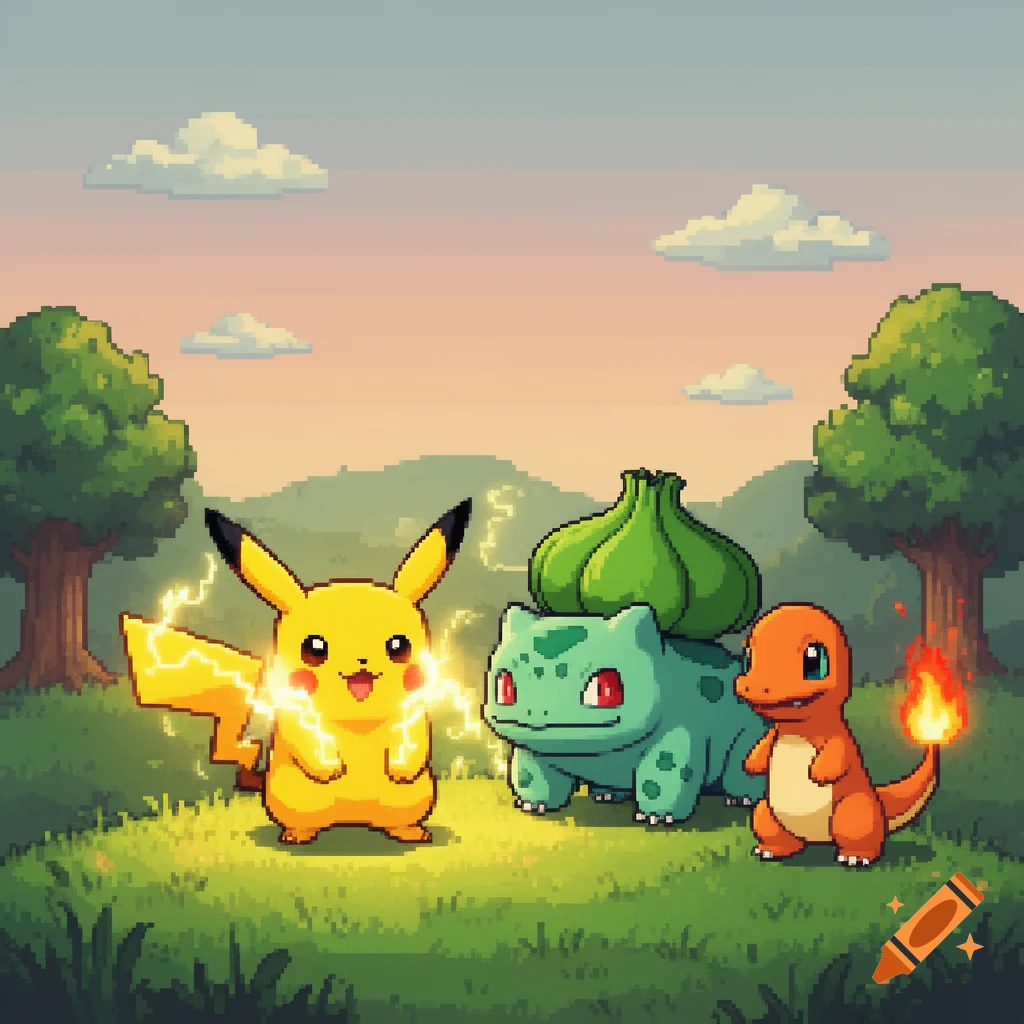 Pixel art of Pikachu, Bulbasaur, and Charmander in a grassy field with trees and mountains under a sunset sky.