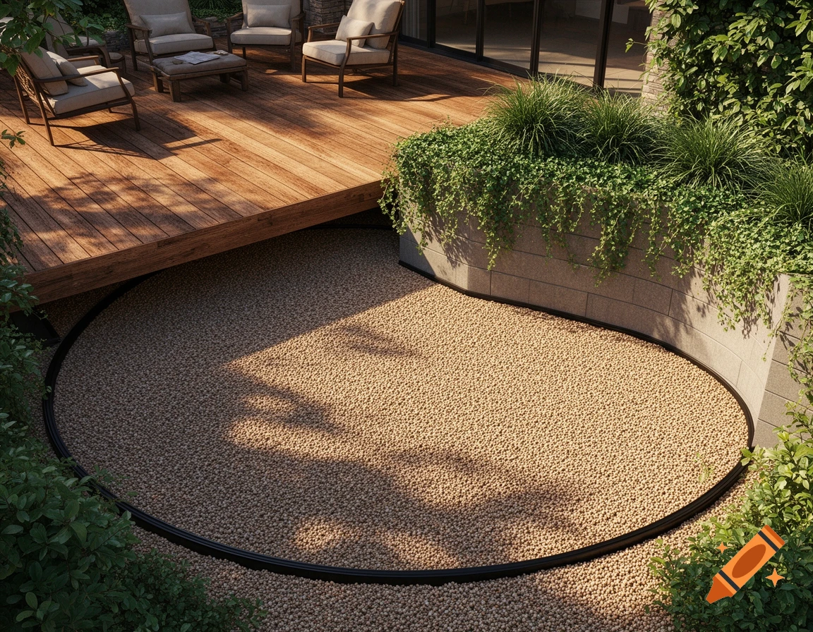 A photorealistic image of a wooden patio with furniture next to a semi-circular pea gravel sitting area and a curved retaining wall with lush greenery.