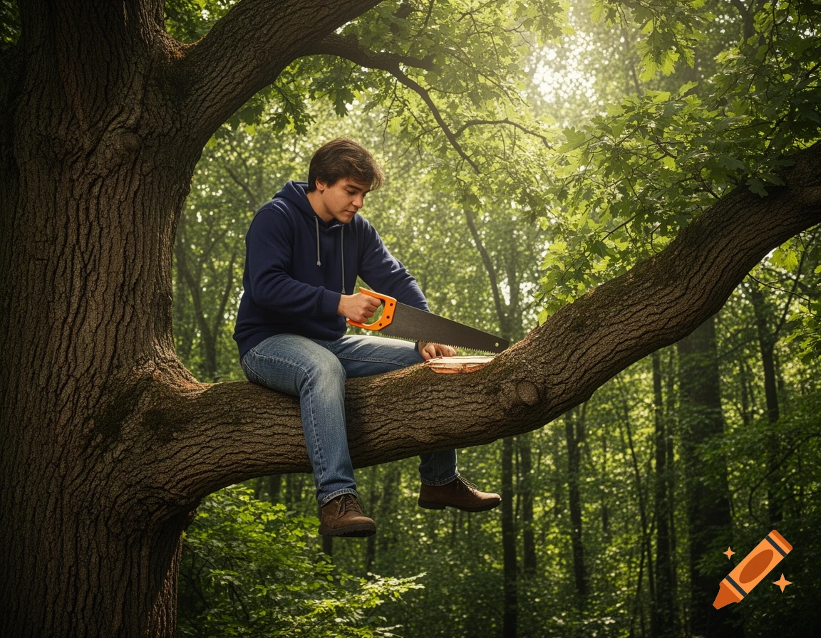 A young man sits on a large tree branch in a sunlit forest, sawing the branch with a hand saw.