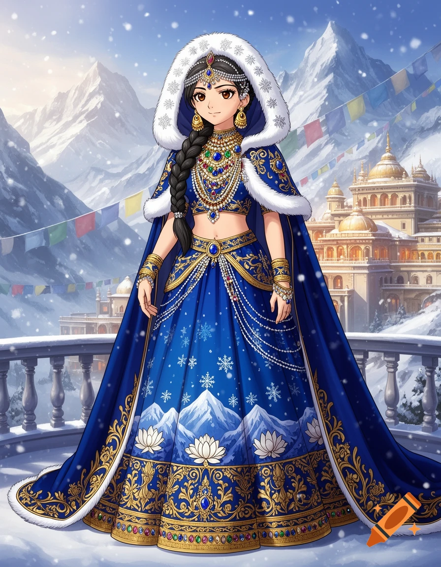 Anime princess in elaborate blue and gold Indian attire with a fur-trimmed cloak stands on a snowy Himalayan palace balcony.