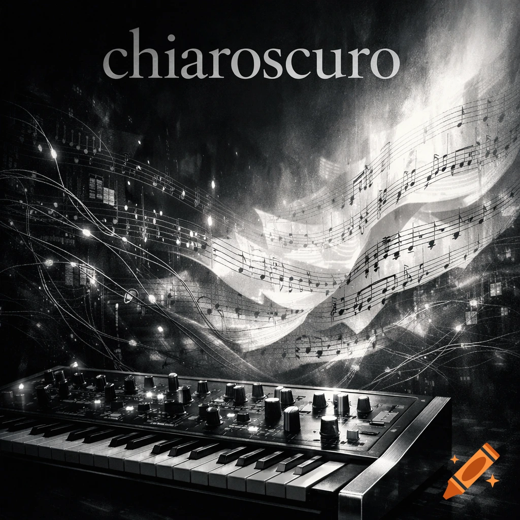 A black and white album cover featuring a synthesizer keyboard, flowing musical notes, and the title 'chiaroscuro'.