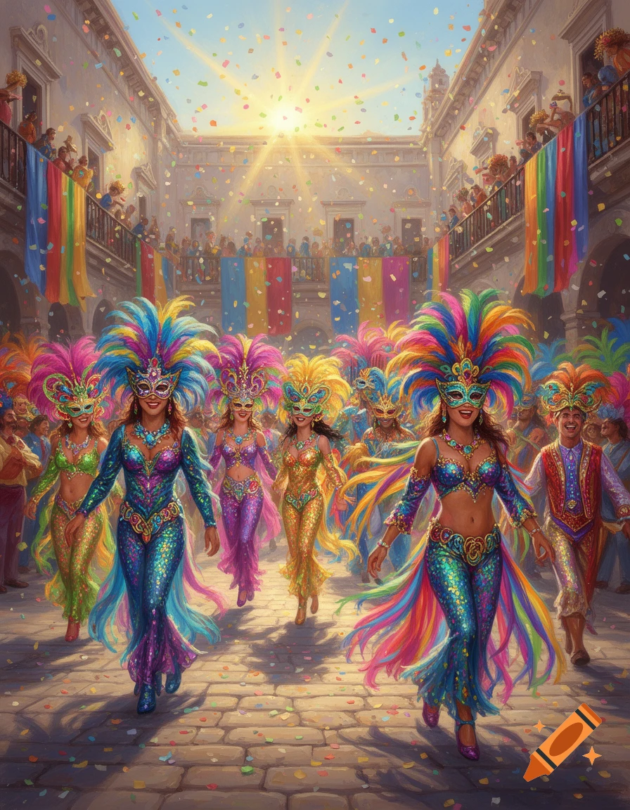 Vibrant painting of people in elaborate, colorful carnival costumes parading down a sunny street with confetti and onlookers.