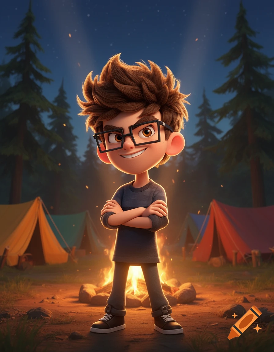 Cartoon boy with spiky brown hair and glasses, arms crossed, stands before a glowing campfire in a night camp scene.