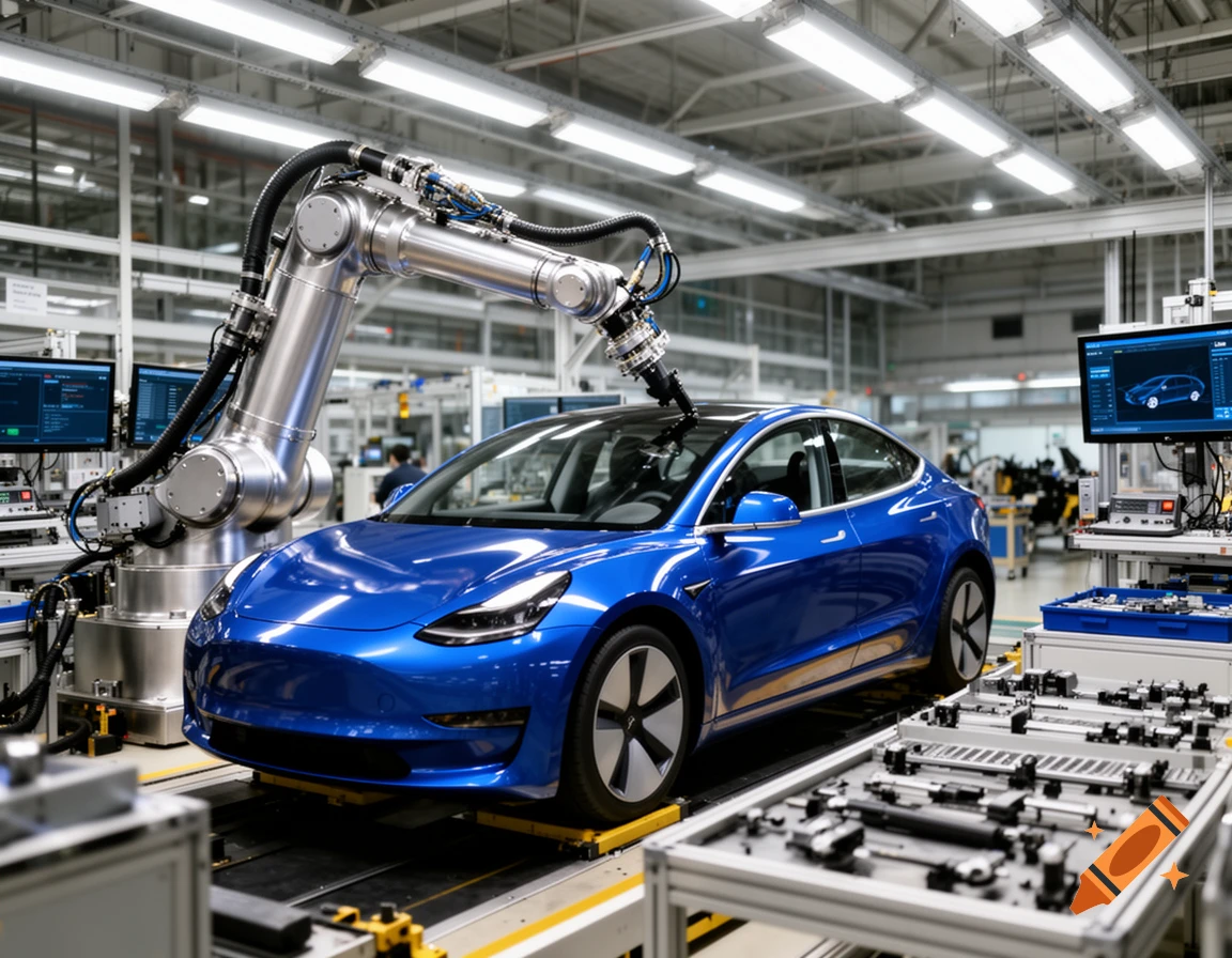 A large robotic arm works on a blue car on an assembly line in a modern factory setting with control screens.