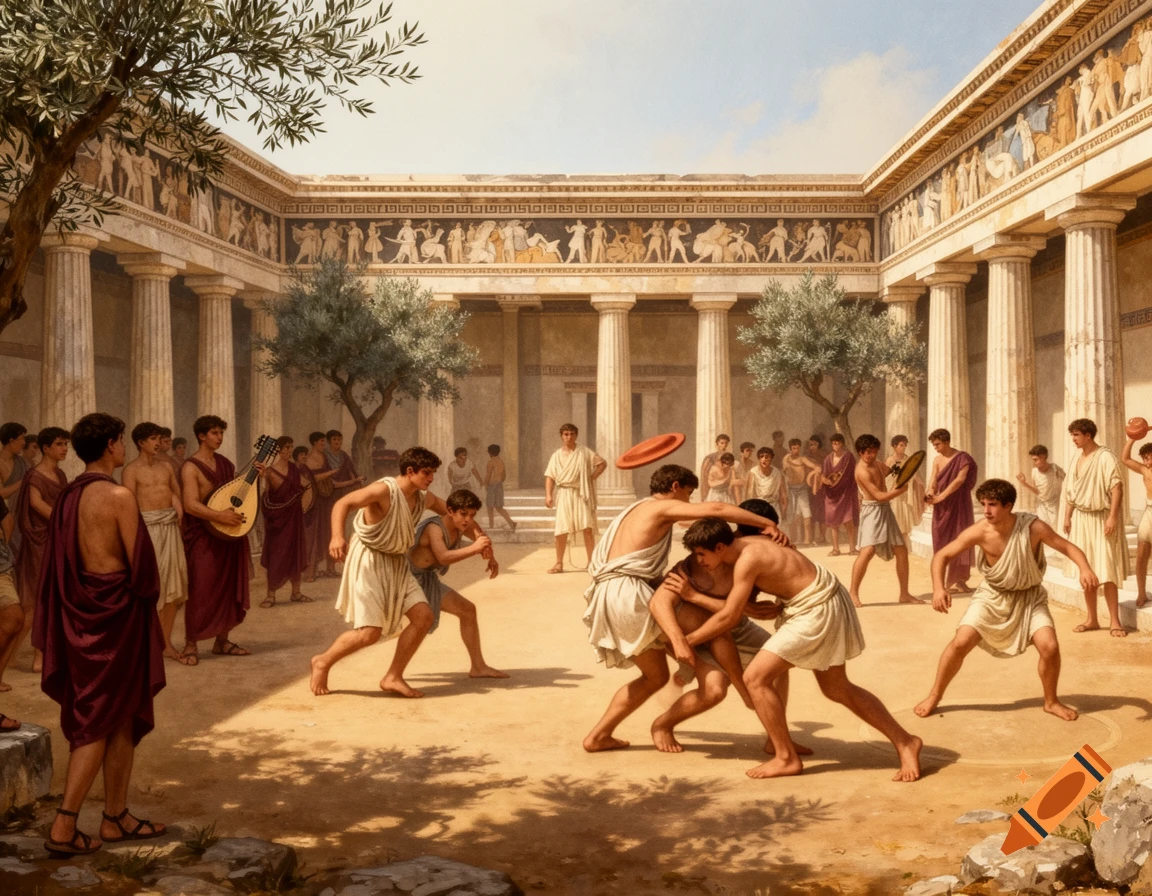 Ancient Greek youths compete in a sunny palaestra, wrestling, throwing, and playing music amidst columns and olive trees.