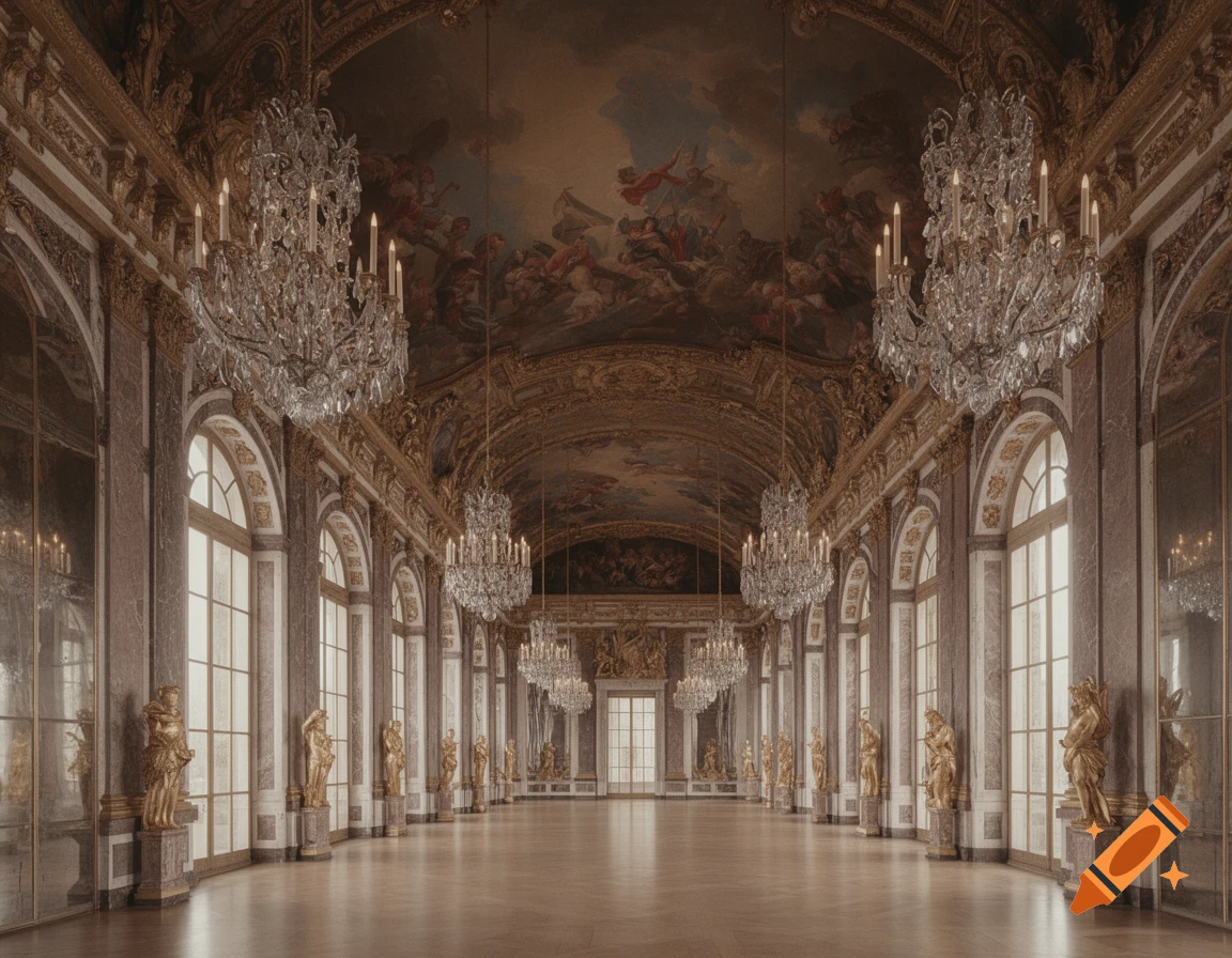 Photorealistic grand hall of a palace, featuring ornate chandeliers, arched windows, golden statues, and a painted ceiling.