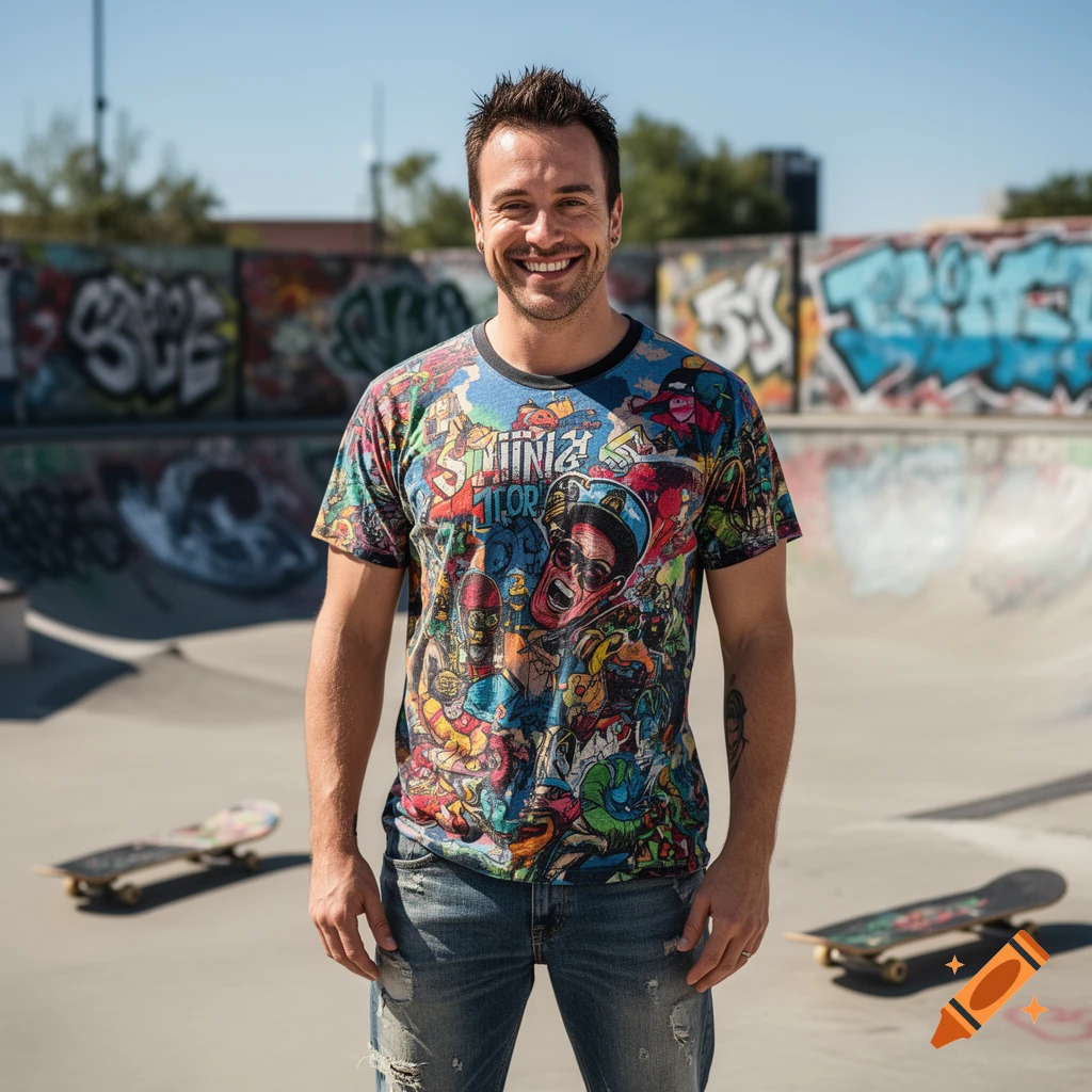 A smiling man with spiky hair and a colorful, cartoon-covered t-shirt stands in a skatepark with skateboards on the ground.
