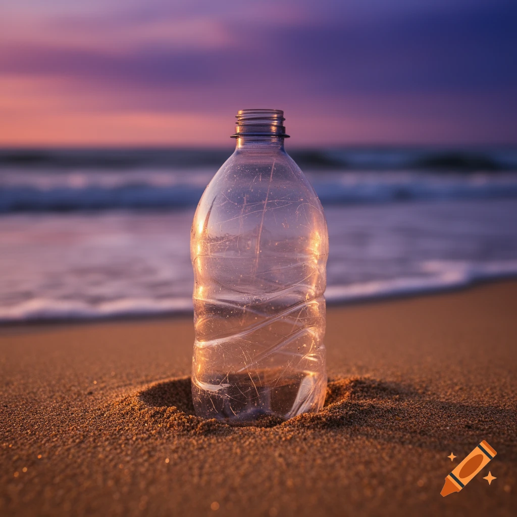 A clear plastic bottle sits partially buried in the sand on a beach with a purple and orange sunset over the ocean.