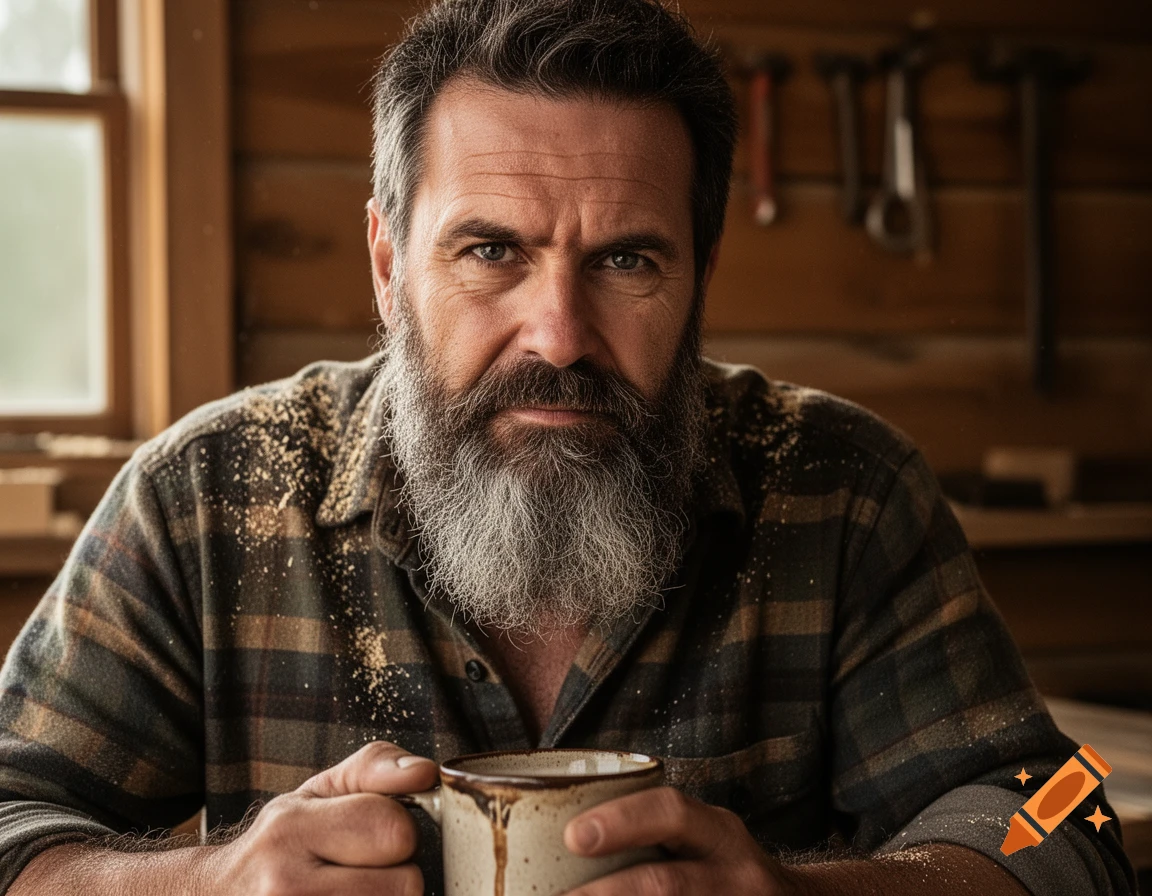 A rugged man with a beard and plaid shirt, covered in sawdust, holds a mug in a workshop, looking directly at the viewer.