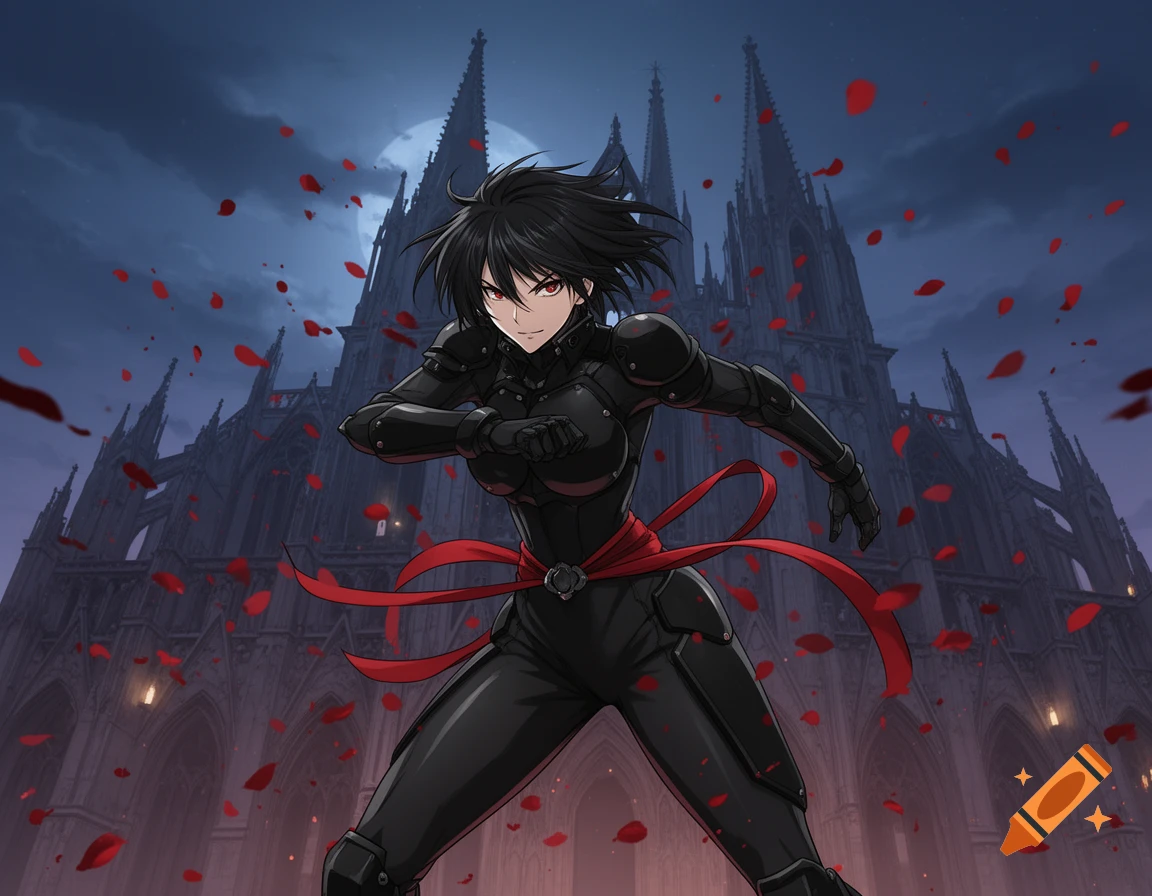 An anime woman in black armor with a red sash stands before a gothic cathedral under a full moon with red petals falling.