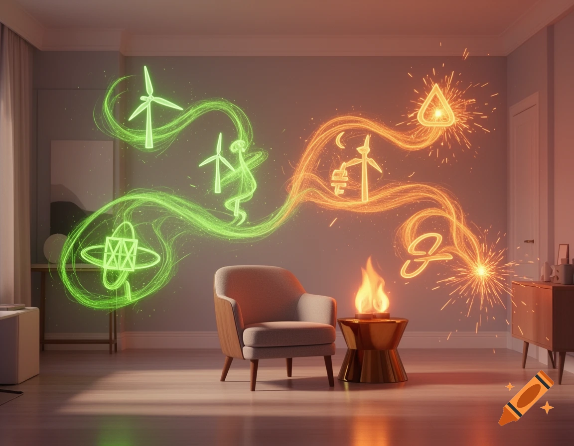A conceptual image inside a modern living room shows glowing green and orange lines representing energy types, with wind turbines and a fire.