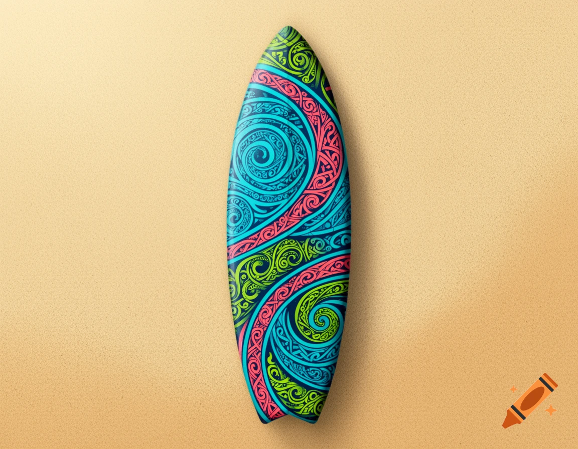 A vibrant surfboard with a colorful Maori pattern of swirls and lines, lying on a sandy beach.