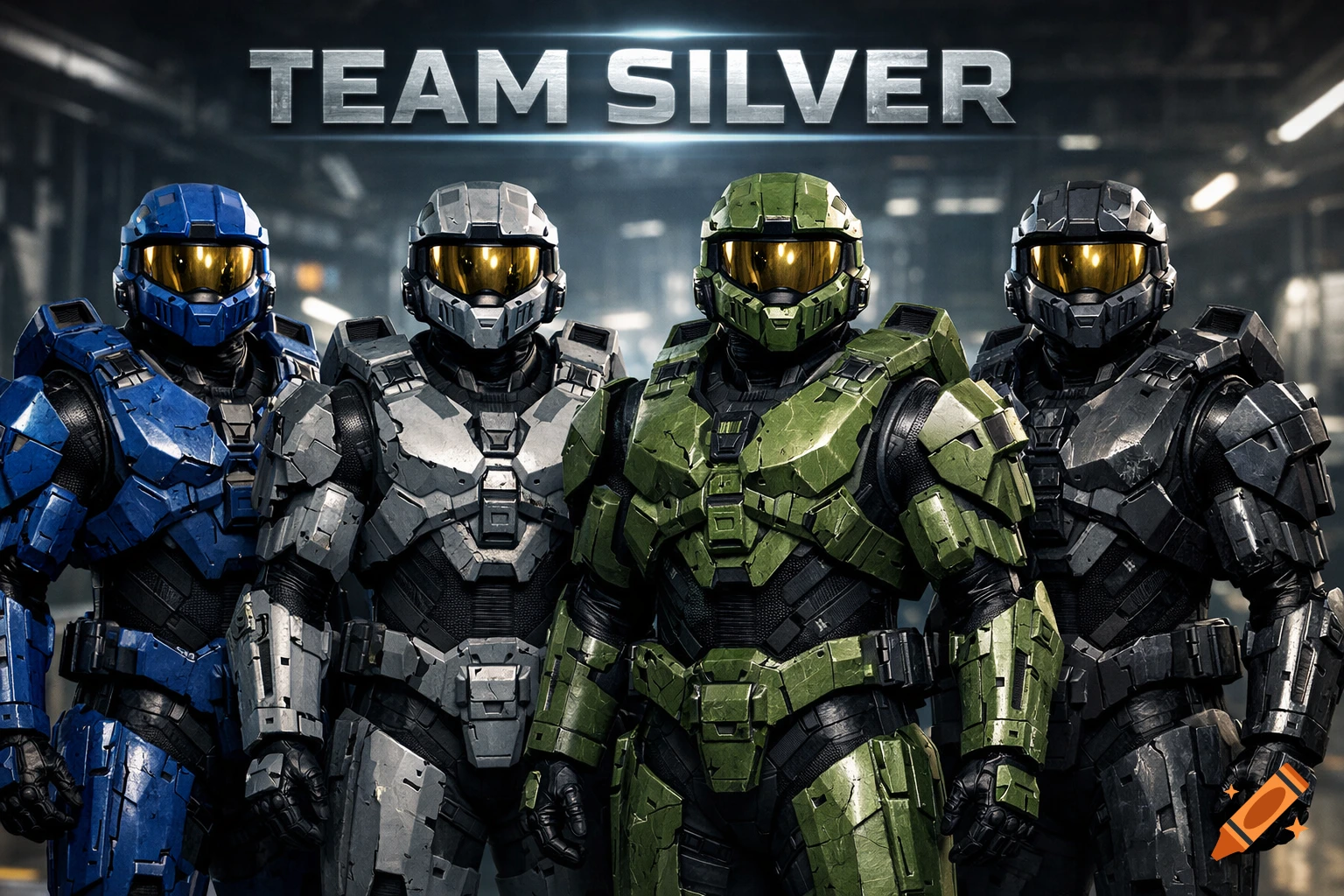 Four armored Halo Spartans in blue, silver, green, and black stand side-by-side, with "TEAM SILVER" displayed above them.