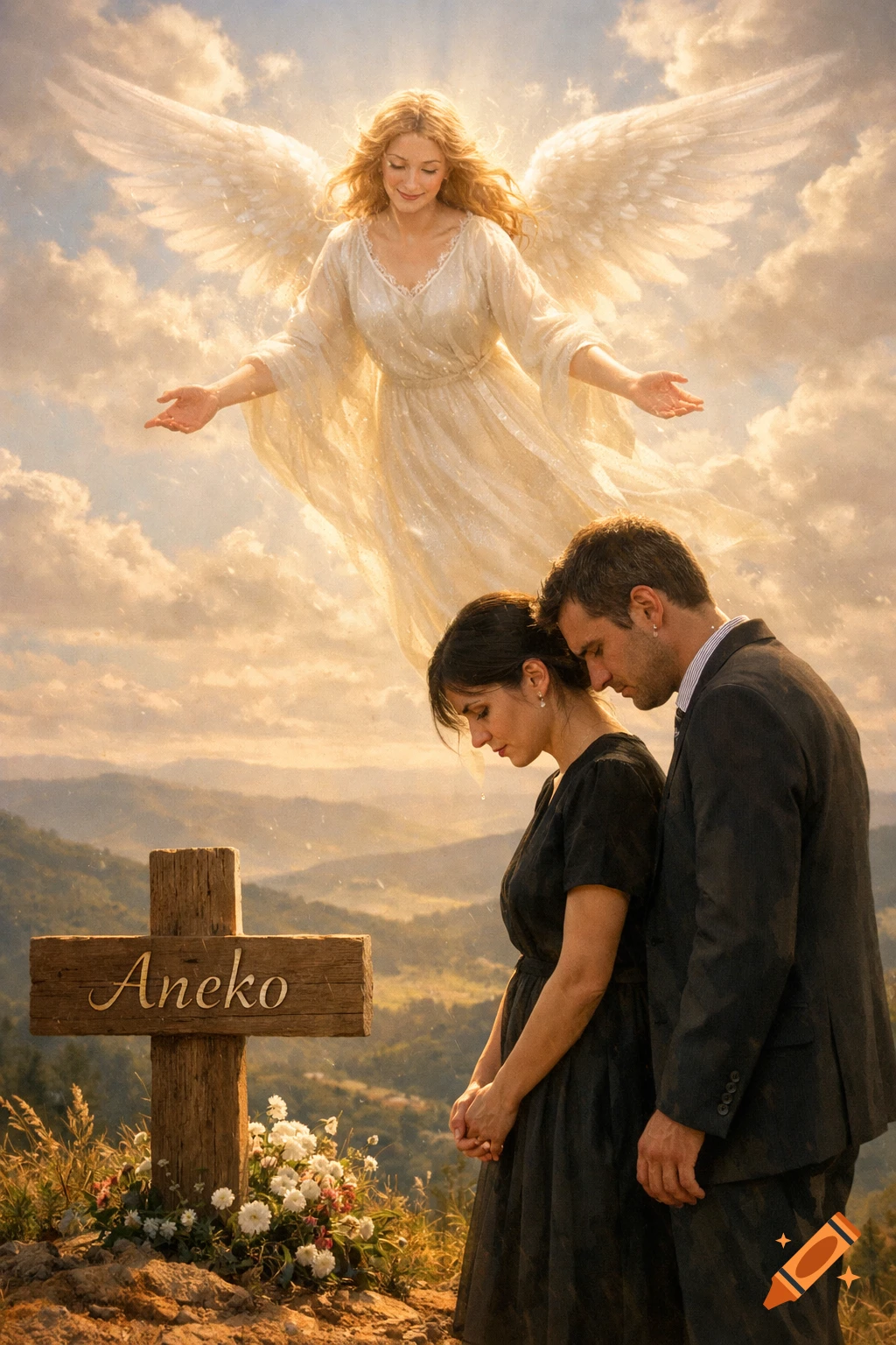 A man and woman mourn at a grave marker with 'Aneko' inscribed, while a serene angel with spread wings hovers above them in a sunlit sky.
