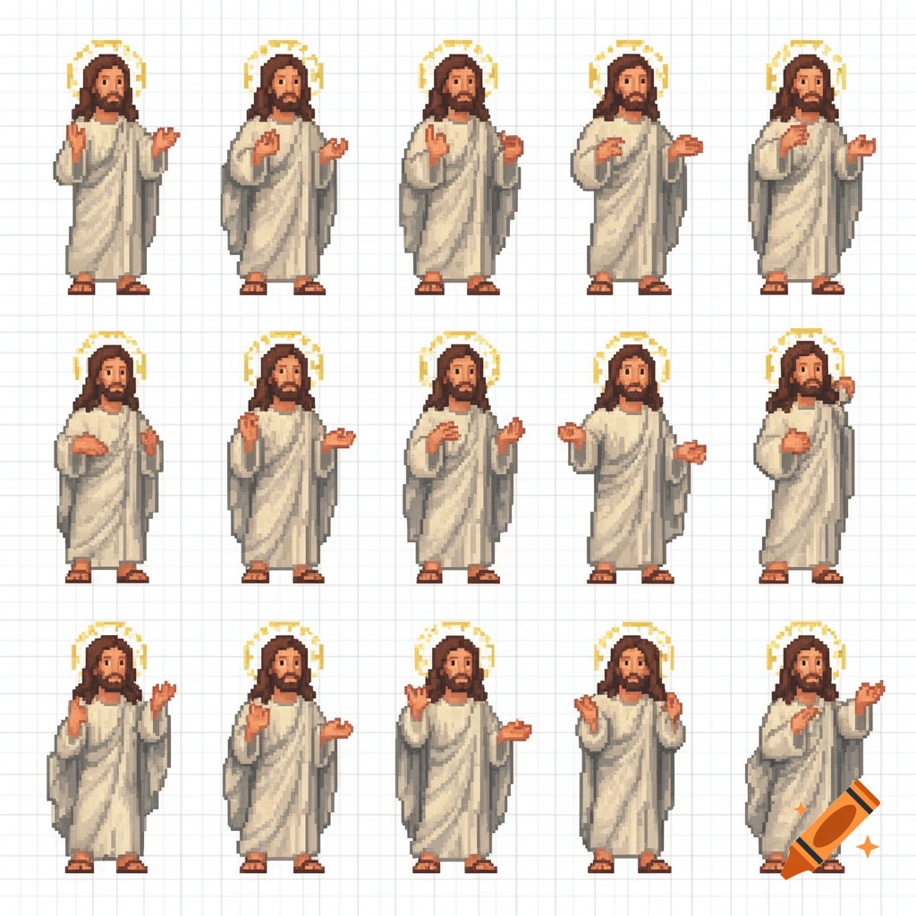 A pixel art sprite sheet featuring fifteen 8-bit depictions of Jesus Christ with a halo, in various poses on a grid background.