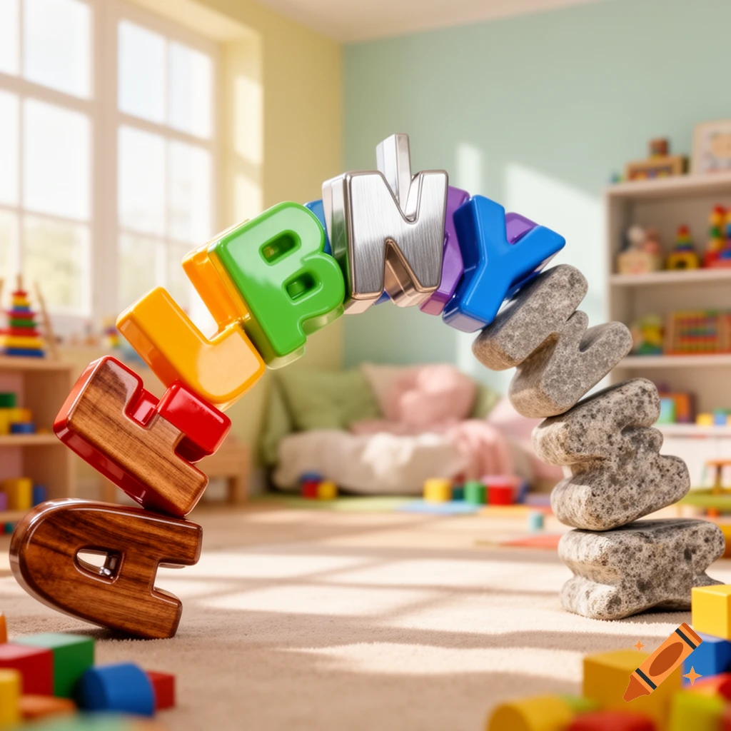 An arch of colorful alphabet letters made of wood, plastic, metal, and stone stands in a sunny child's playroom with scattered blocks.
