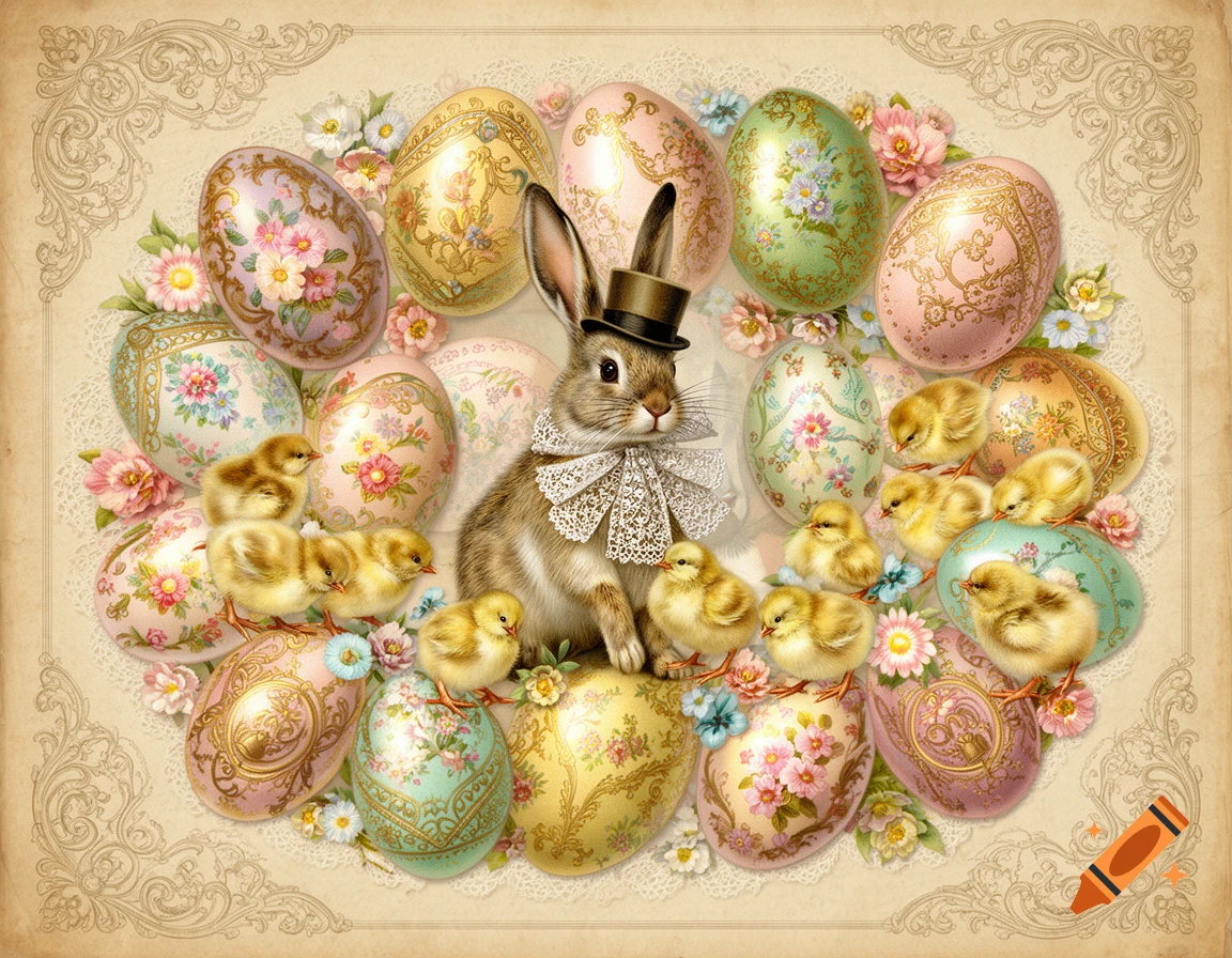 A vintage-style illustration of an Easter bunny wearing a top hat and lace collar, surrounded by numerous decorative Easter eggs and fluffy yellow chicks.