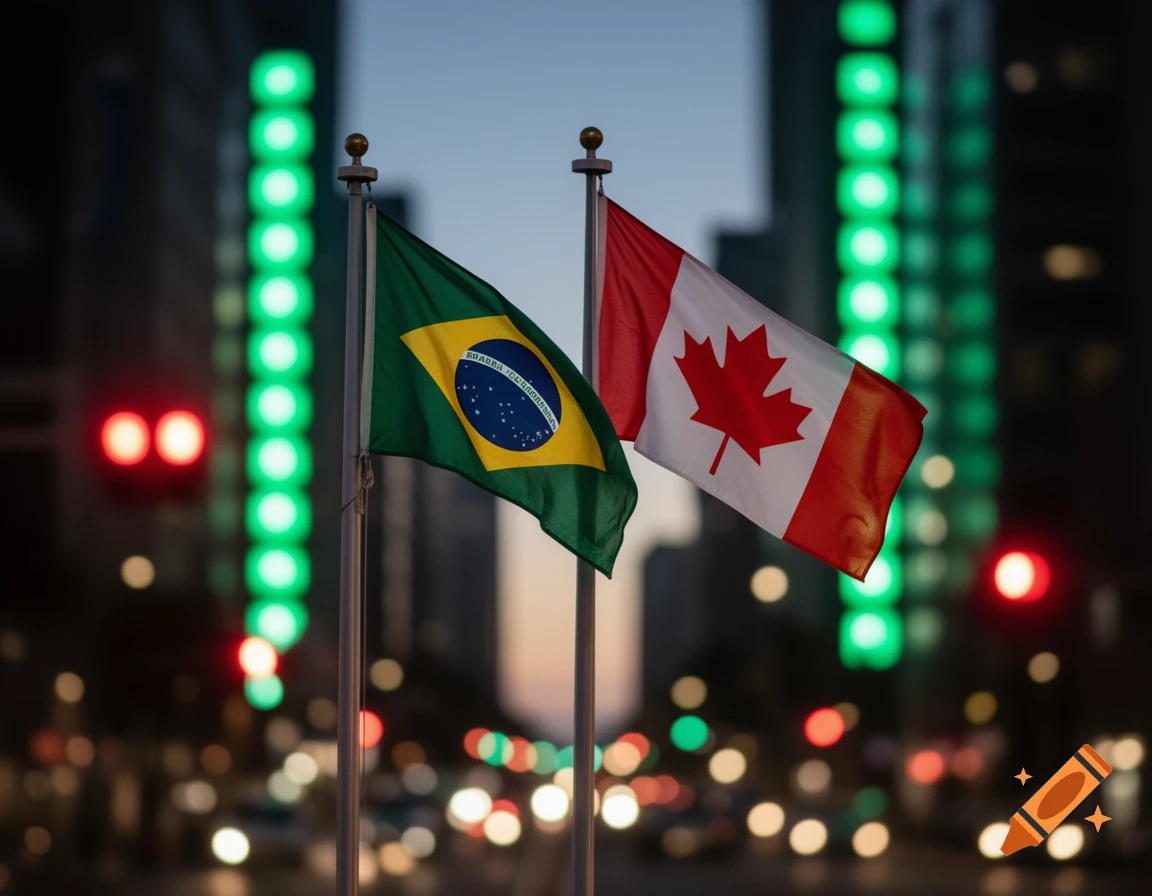 Photorealistic flags of Brazil and Canada wave against a blurred city backdrop with green and red lights.