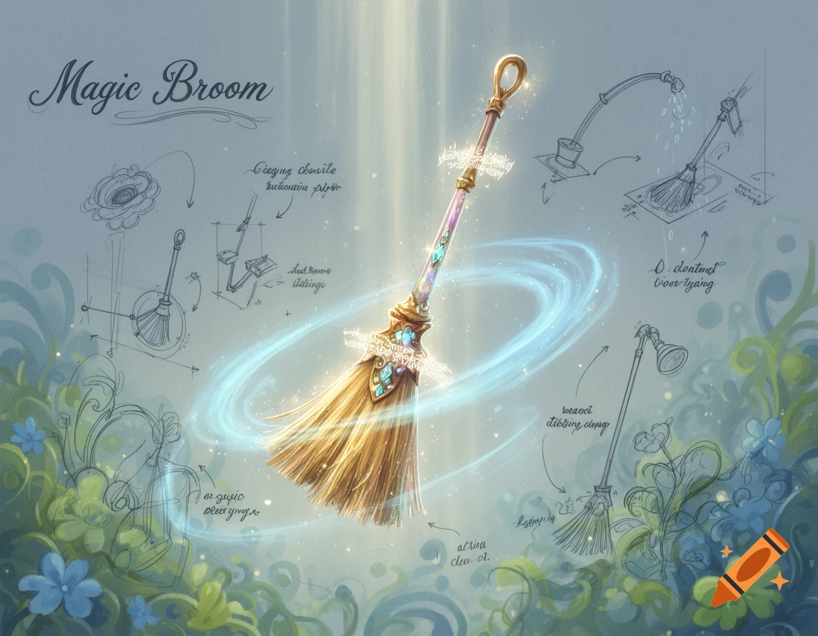 Ornate magic broom with glowing blue energy, surrounded by design diagrams and floral accents.