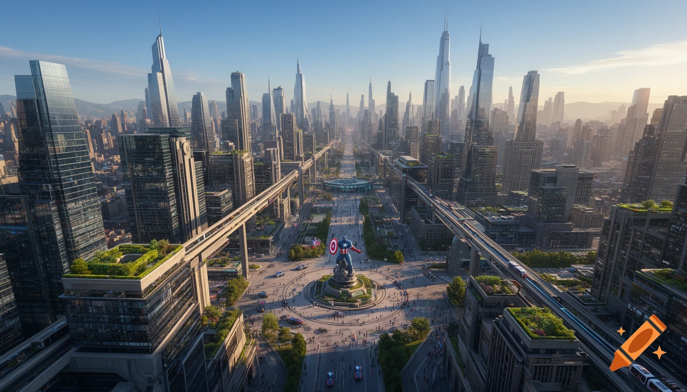 Aerial view of a futuristic city with skyscrapers, monorail tracks, and a Captain America statue in a central plaza.