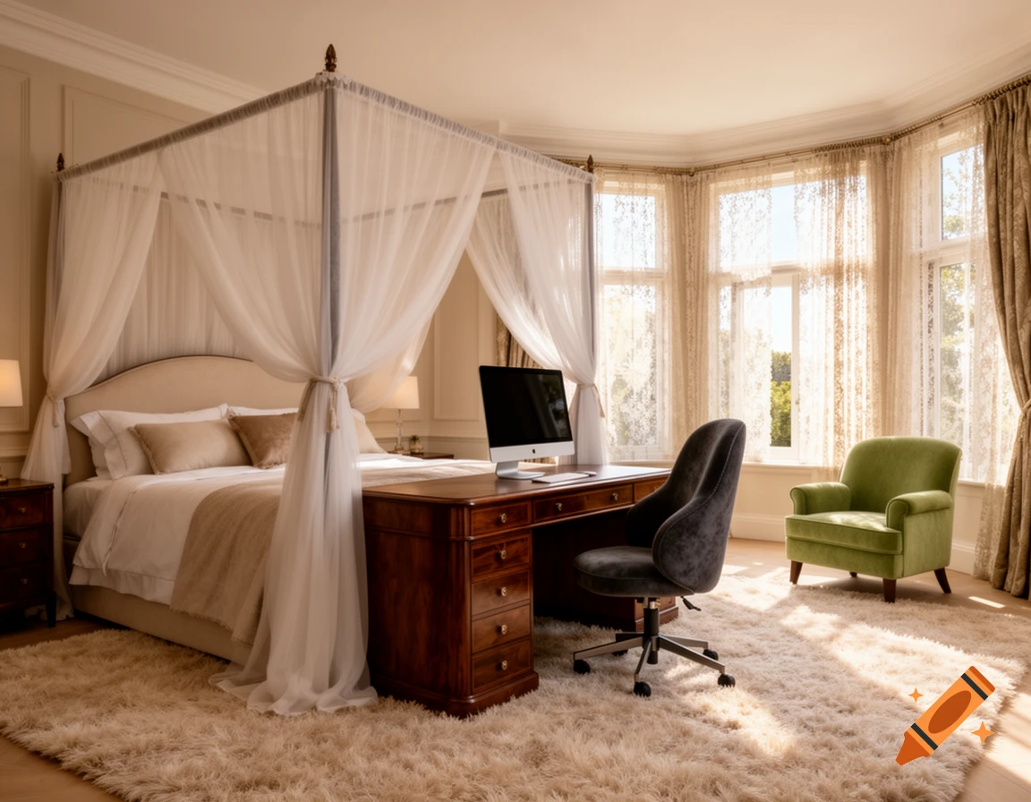 A luxurious bedroom with a four-poster bed, a desk and computer, a swivel chair, a green armchair, and a fluffy rug, all bathed in sunlight from large windows.