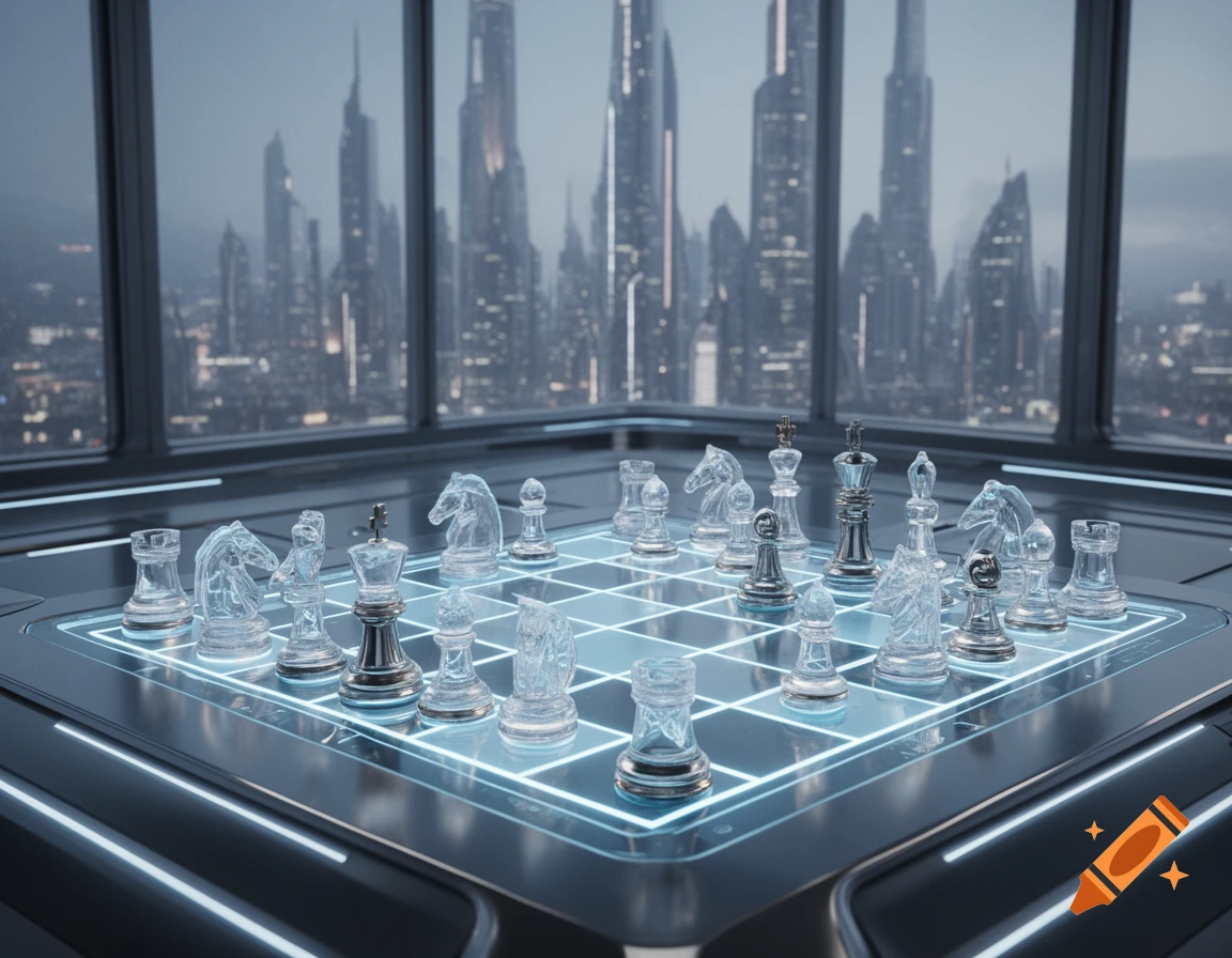 A futuristic chess set with glowing blue lines on a table, overlooking a high-rise cityscape from a window.