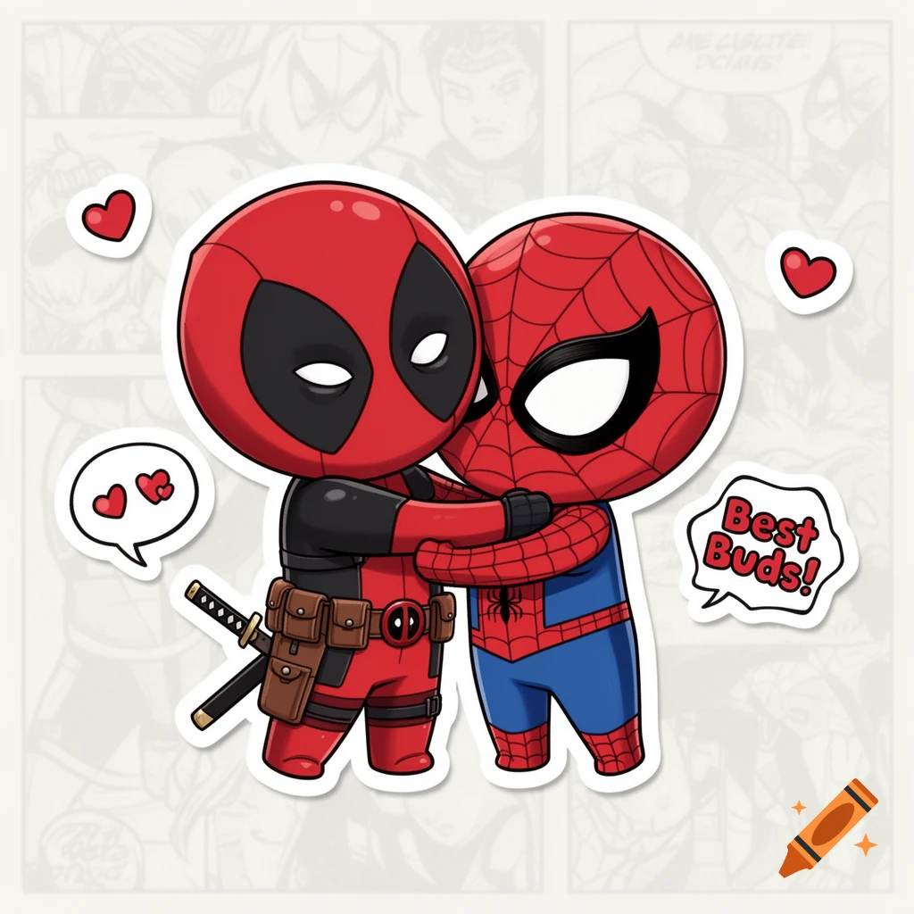 Chibi Deadpool and Spider-Man hugging, with 'Best Buds!' text, against a comic book panel background.
