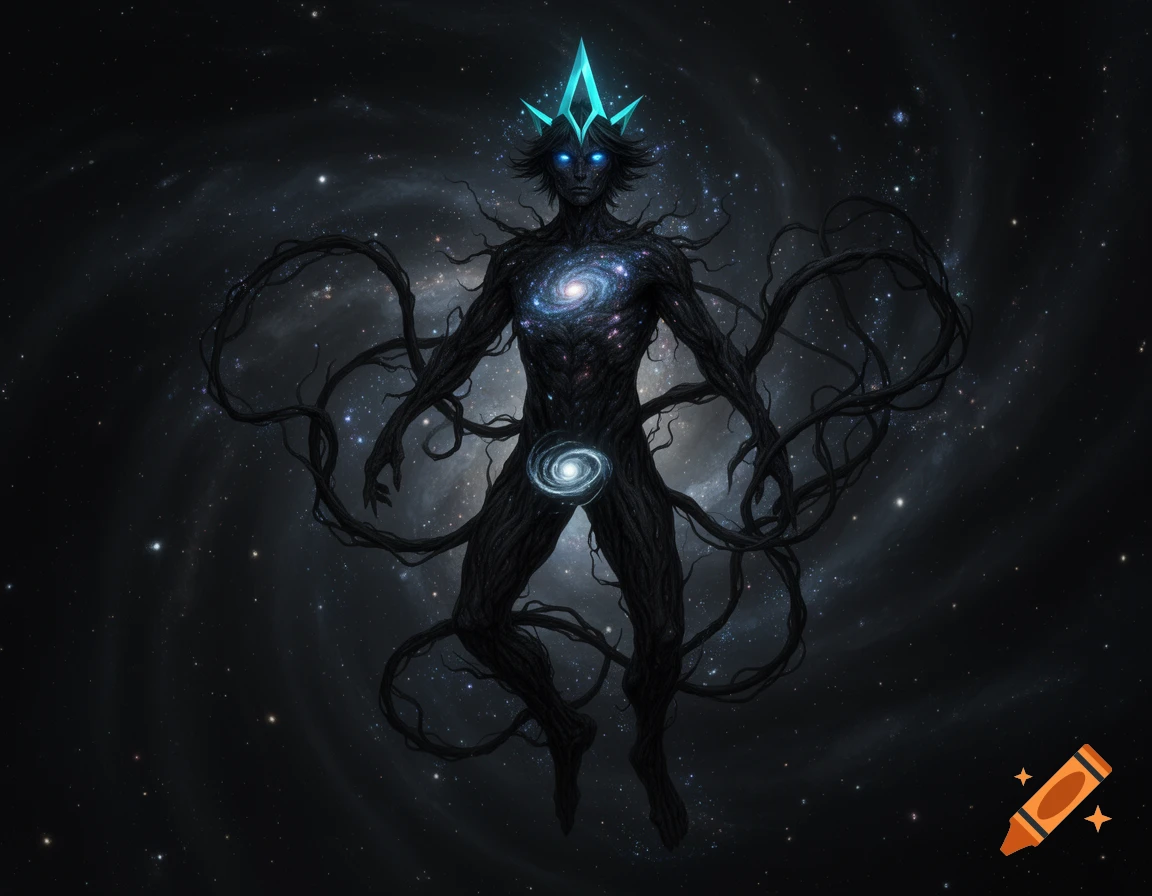 A dark, cosmic humanoid entity with glowing blue eyes, a cyan crown ...