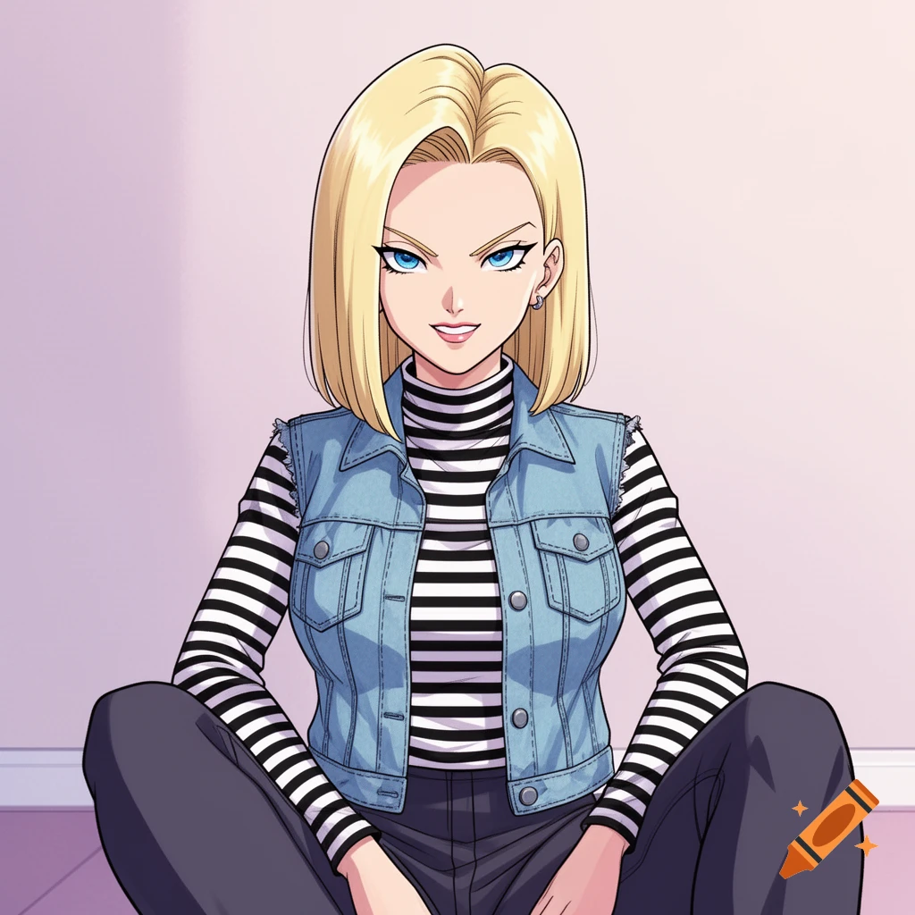 Android 18 with blonde hair and blue eyes, wearing a striped shirt and denim vest, sits against a pink wall in an anime style.