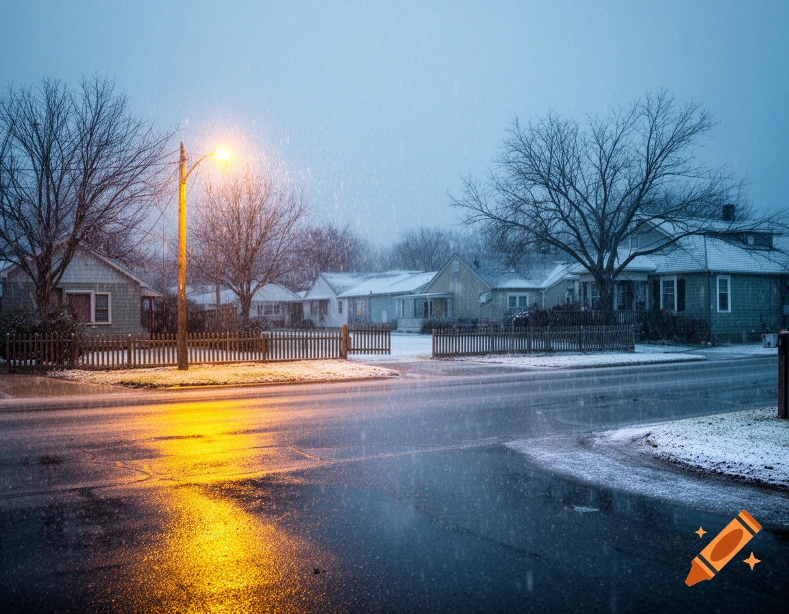 A residential street in the snow at dusk, with houses and bare trees, lit by a warm street lamp reflecting on the wet pavement.