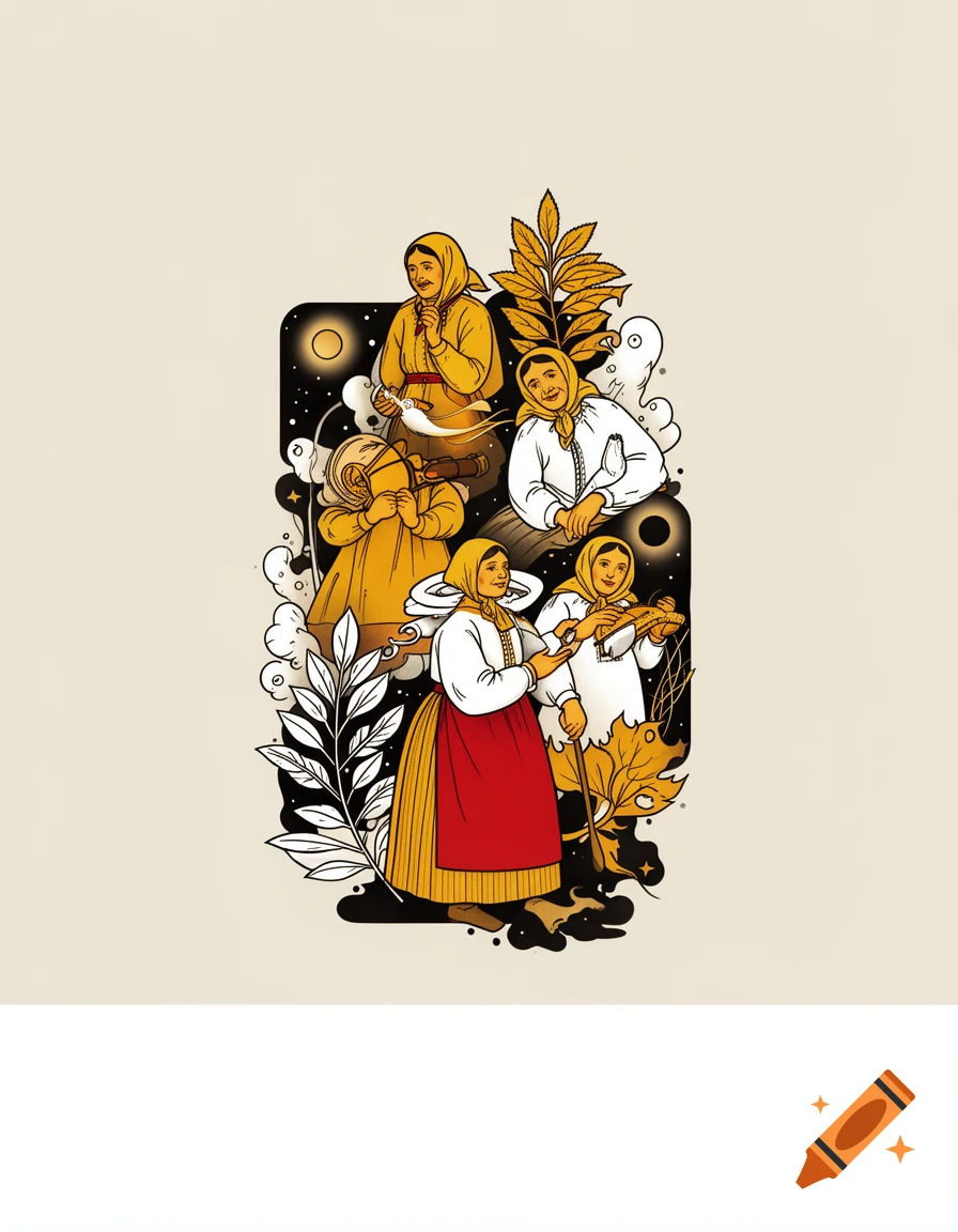 Stylized illustration of women in traditional attire, featuring yellow and white head coverings and dresses, with some holding tools or objects, set against a dark, celestial and botanical background. A white bar sits at the bottom.
