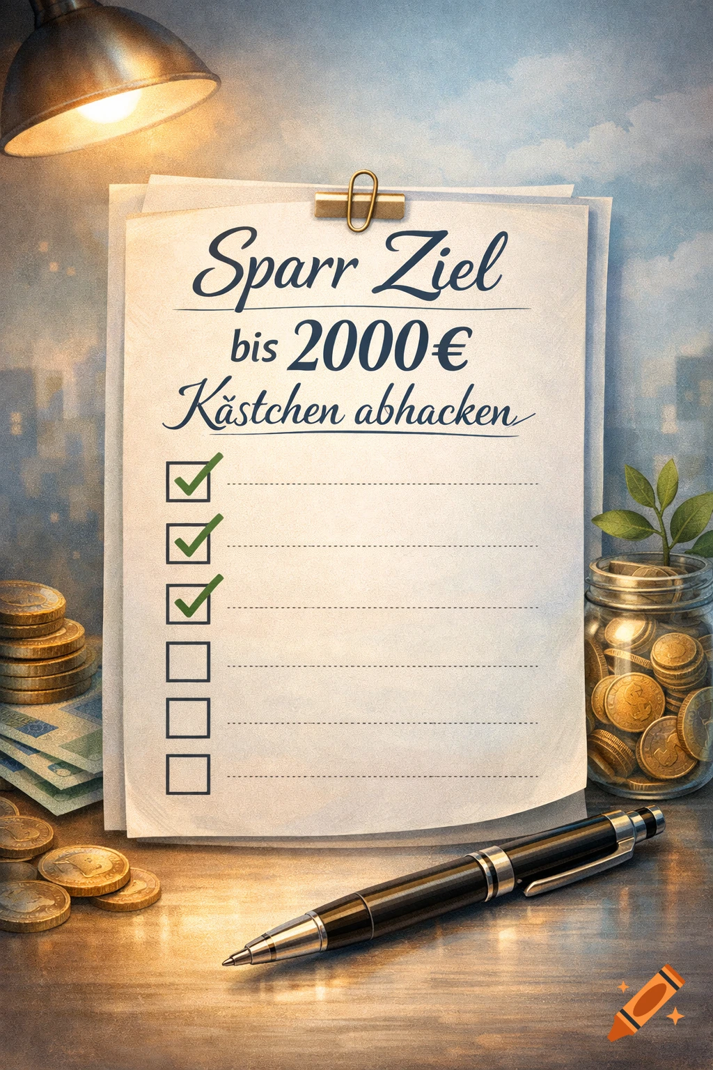 A savings goal checklist for 2000€ with three boxes checked, a pen, stacks of coins, and a money jar with a plant.