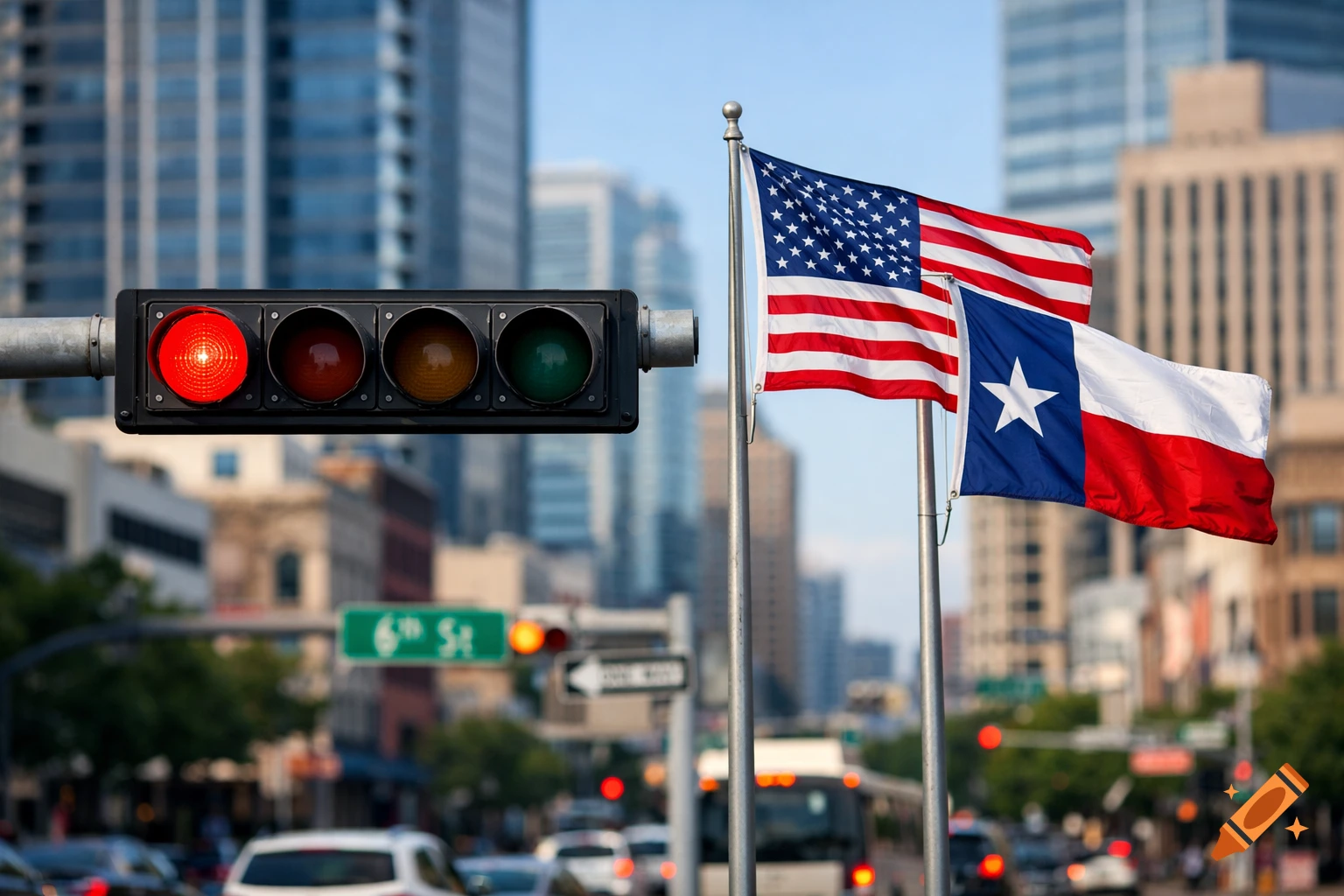 A city street scene with a horizontal traffic light displaying red, alongside US and Texas flags waving. Tall buildings are in the background.