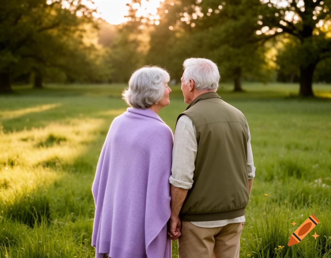 Elderly couple holding hands and looking at each other in a sunny park at sunset.