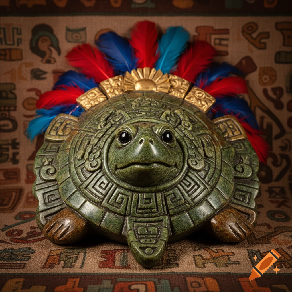 A green carved stone turtle sculpture with intricate Aztec patterns, a golden headdress, and red and blue feathers.
