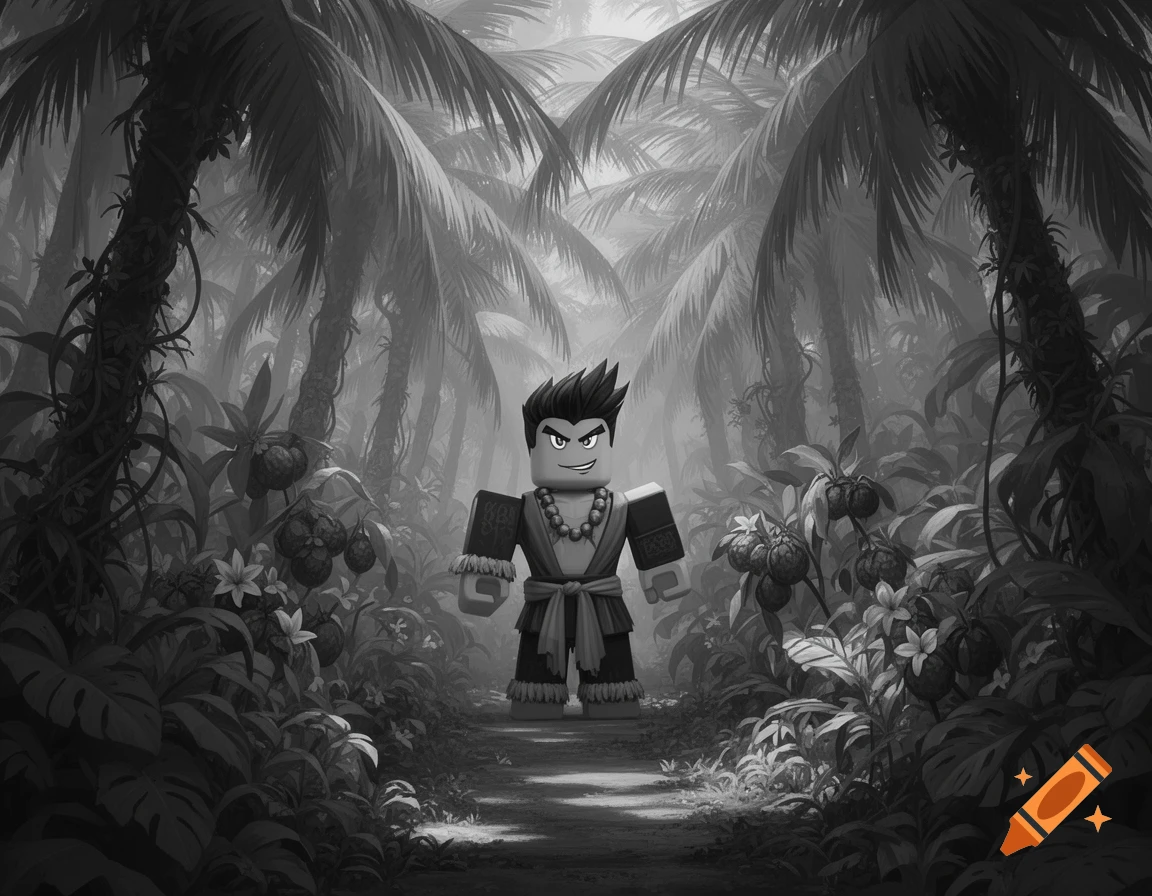 A grayscale image of a Roblox-style character in tribal attire standing on a jungle path surrounded by palm trees and dense foliage.