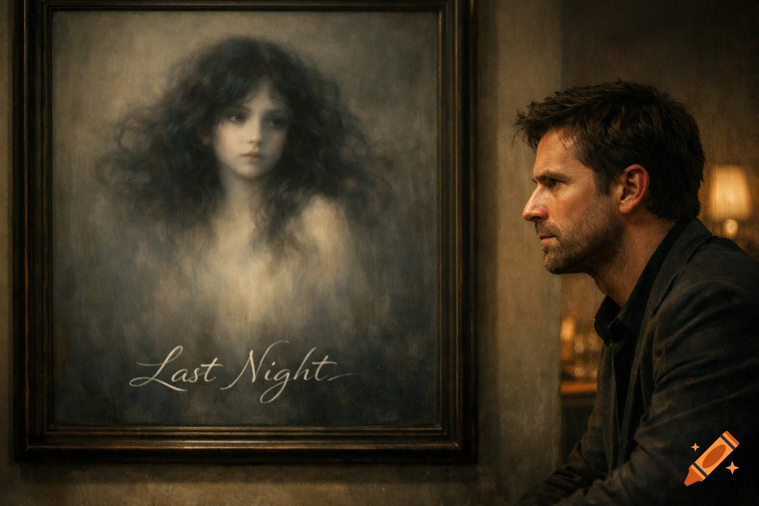 A man in profile gazes at a painting of a ghostly girl with dark curls and the title 'Last Night'.