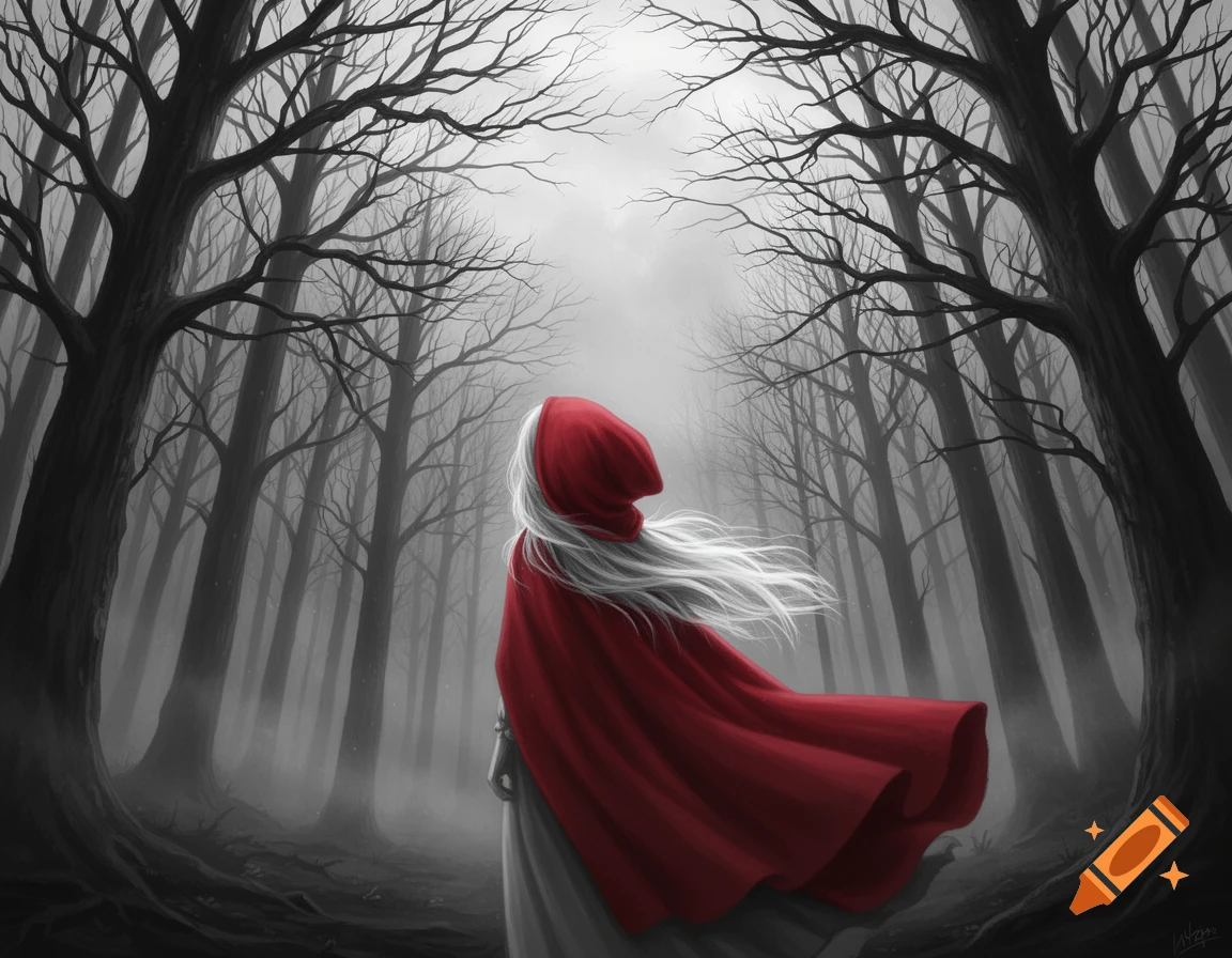 Figure in red hood with flowing white hair stands in a dark, misty, monochrome forest of gnarled trees, viewed from behind.