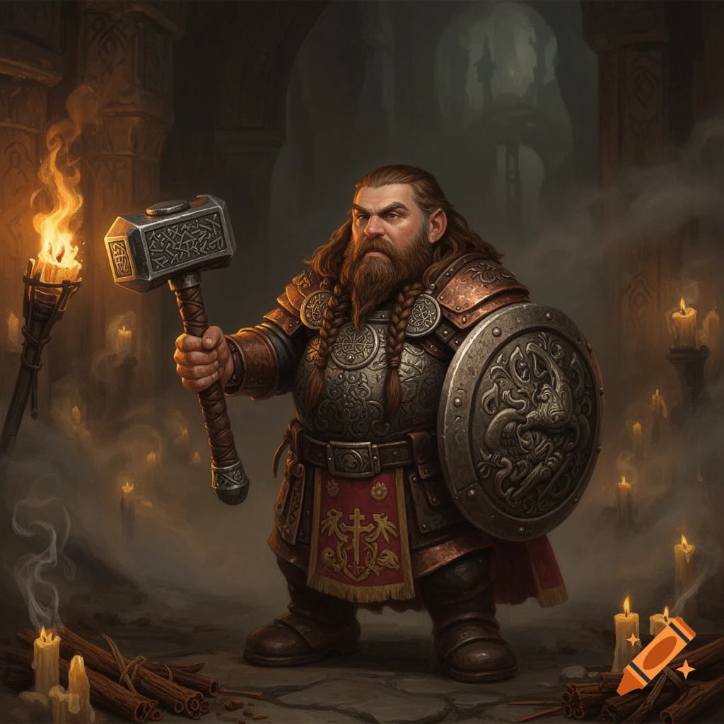 A fantasy painting of a dwarf cleric in ornate armor holding a hammer and shield in a smoky, candlelit chamber.