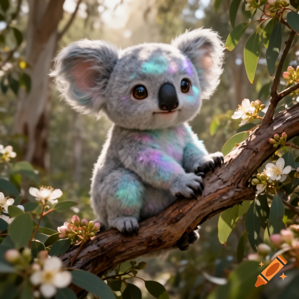 A cute, photorealistic baby koala with glowing pastel patches on its fur sits on a tree branch surrounded by green leaves and white blossoms.