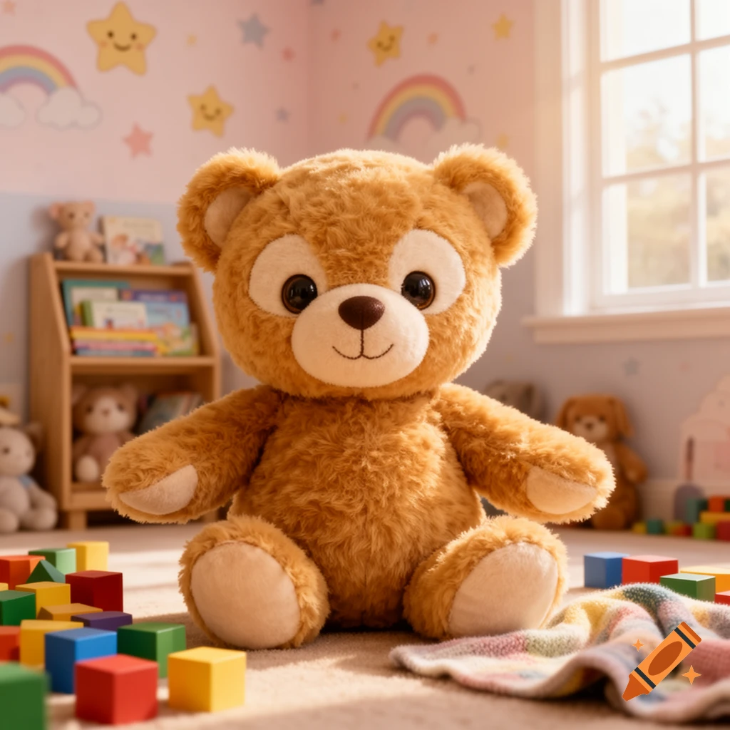 A fluffy brown teddy bear sits on a rug in a bright, rainbow-themed children's room, surrounded by colorful blocks.