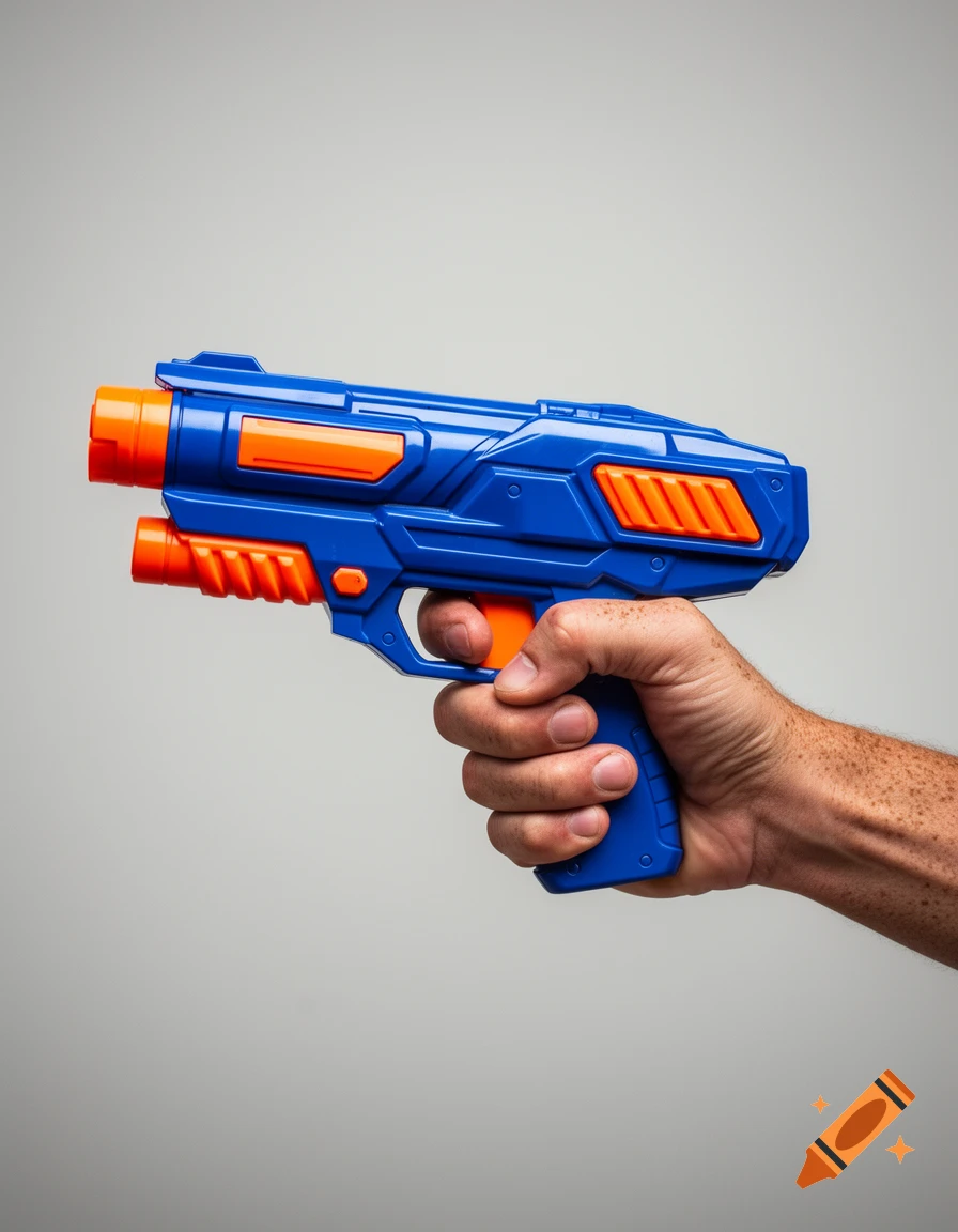 A hand with freckles holds a blue and orange toy blaster against a gray background.