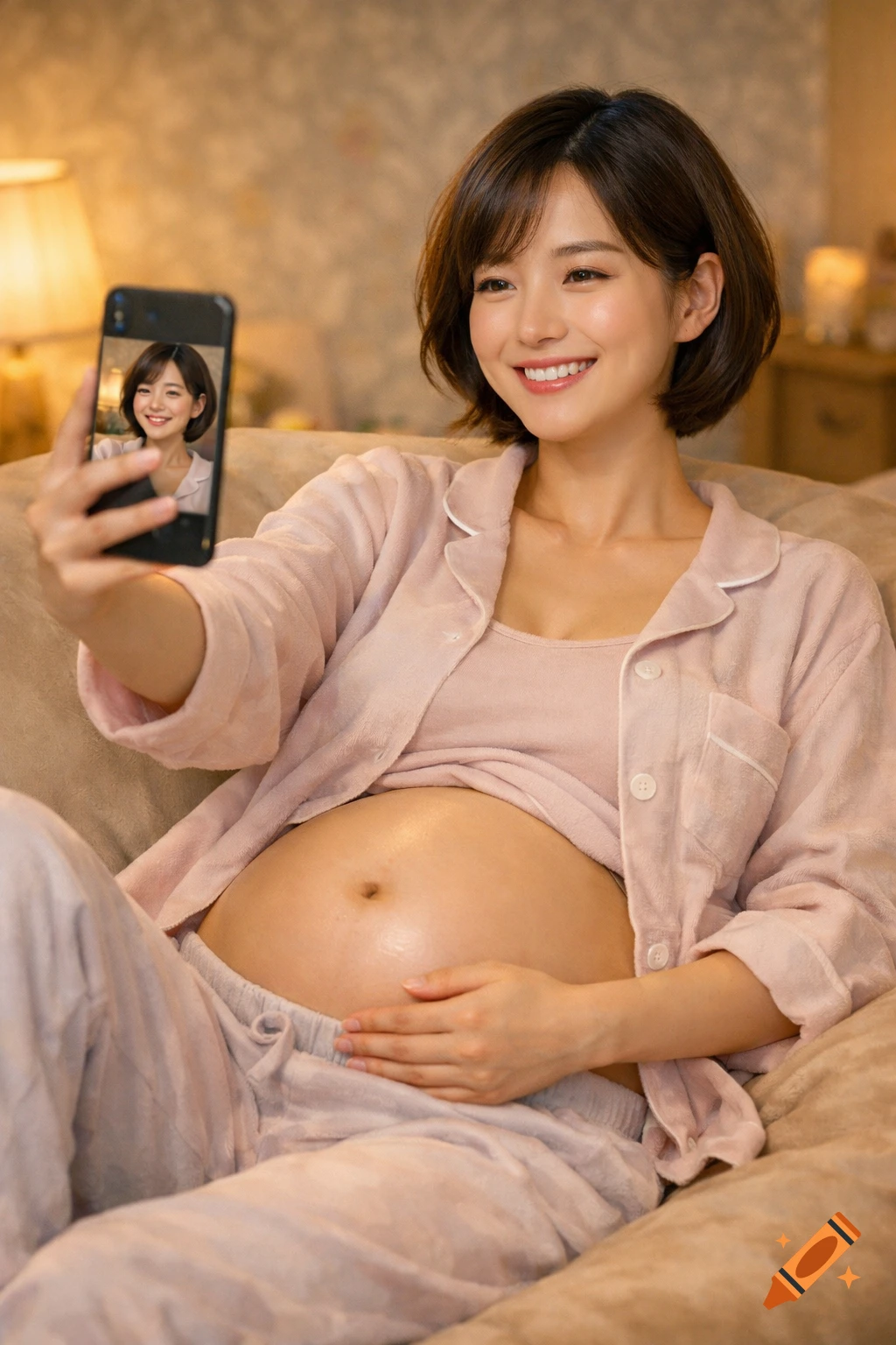 A smiling pregnant woman in pink pajamas takes a photorealistic selfie, showcasing her belly while sitting on a couch.
