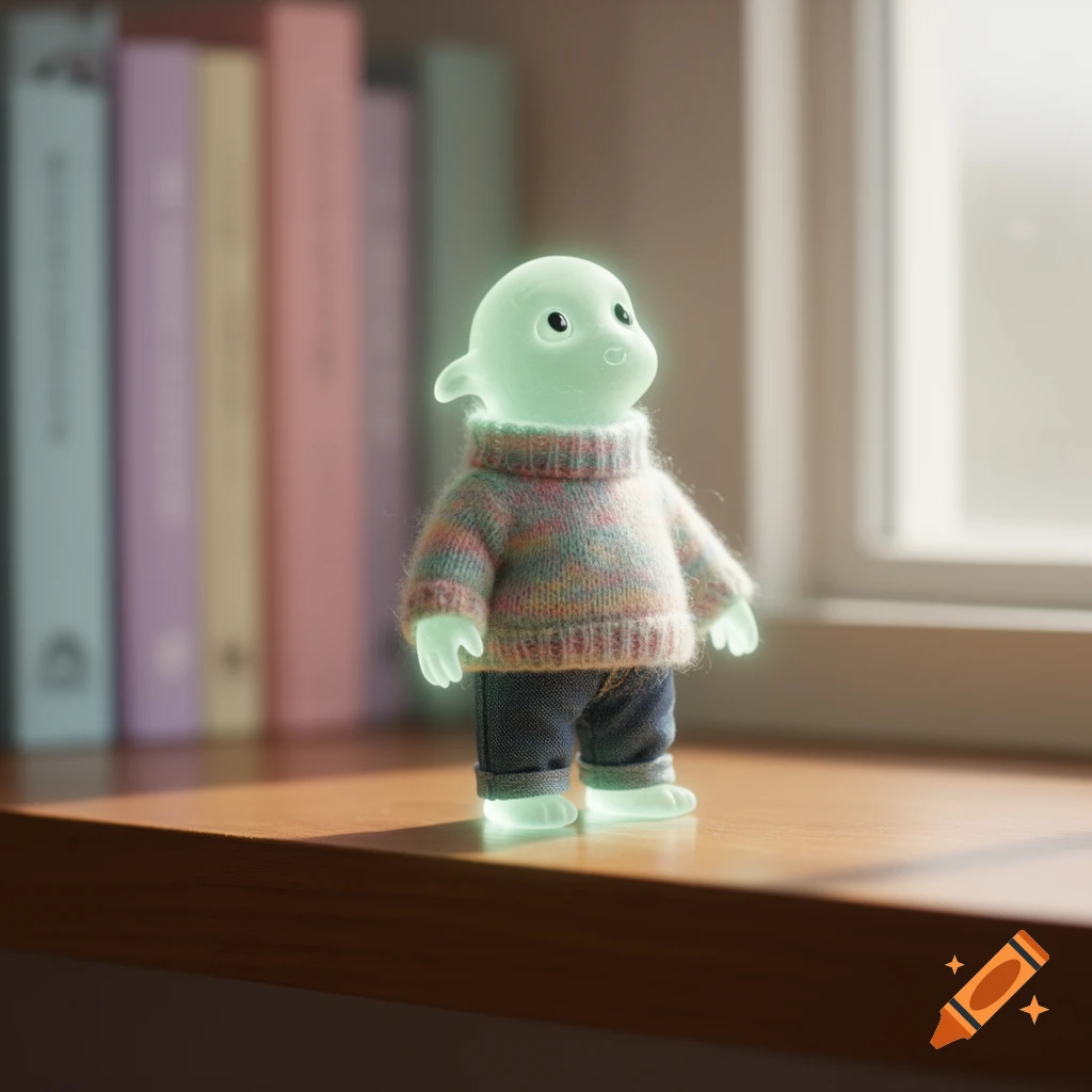A cute, glowing, mint-green Smiski figurine in a colorful knitted sweater and jeans stands on a wooden shelf next to blurred books.