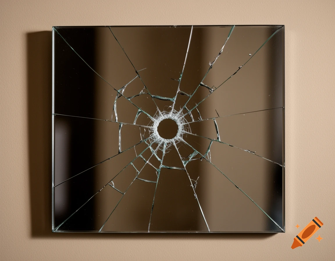 A square mirror on a beige wall, severely cracked with a central circular hole resembling a bullet hole.