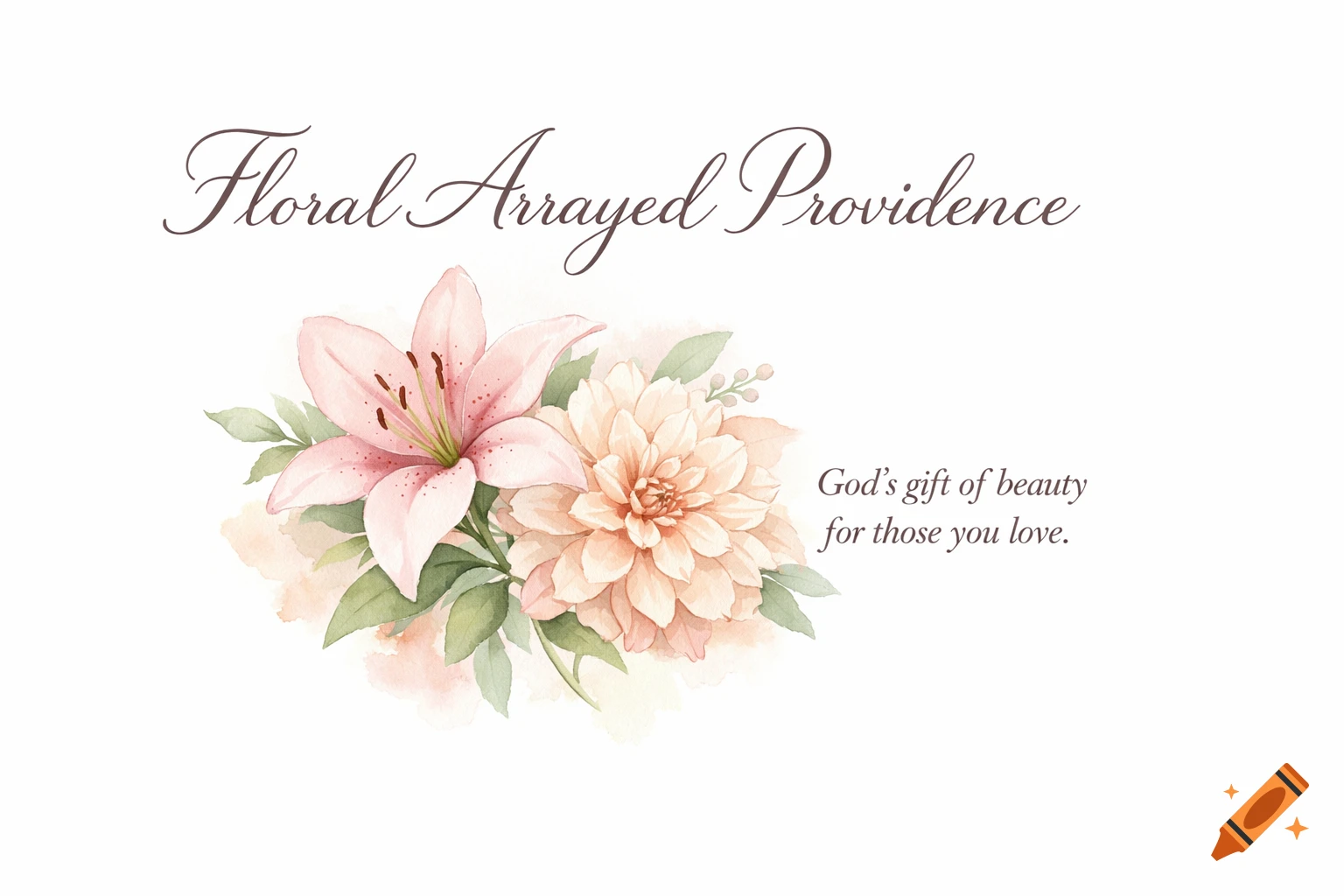 A watercolor illustration of a pink lily and a peach dahlia with green leaves. Text reads "Floral Arrayed Providence" and "God’s gift of beauty for those you love."