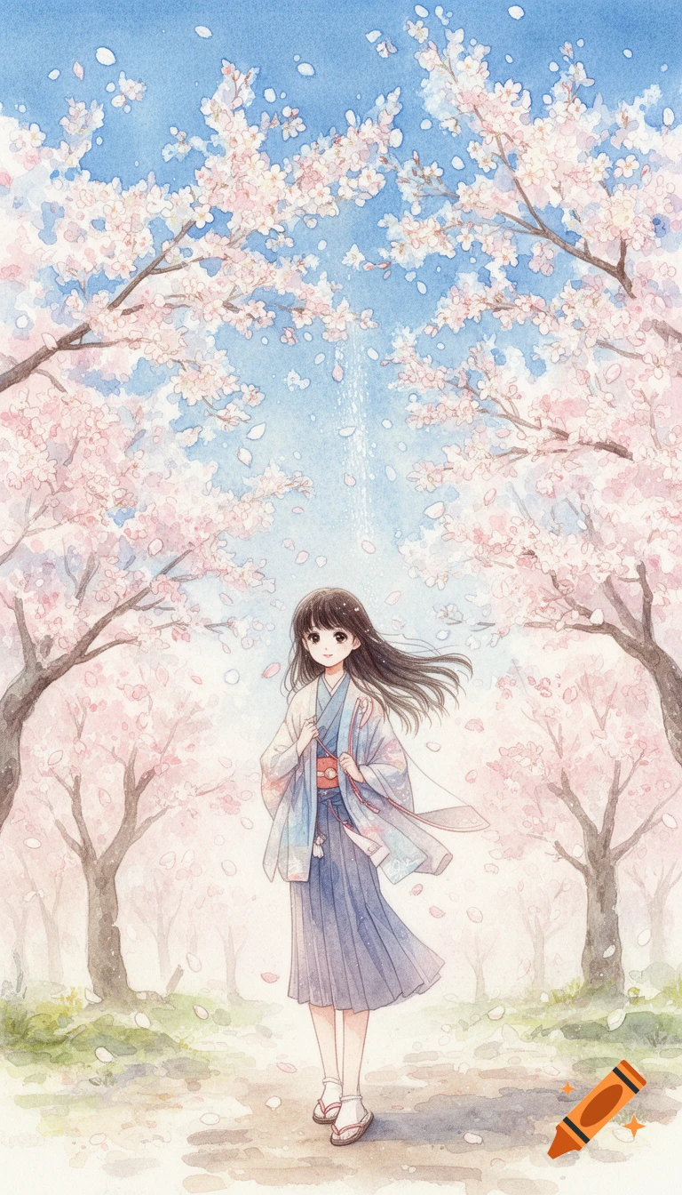 An anime girl with dark hair in a light blue kimono stands under ...