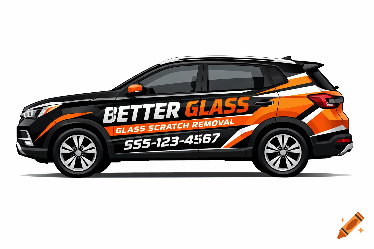 Vector illustration of a black, orange, and white SUV wrapped with "Better Glass" and "Glass Scratch Removal" business text.